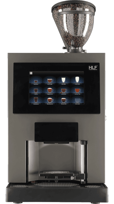 Beige and black coffee machine with digital touchscreen and visible bean hopper