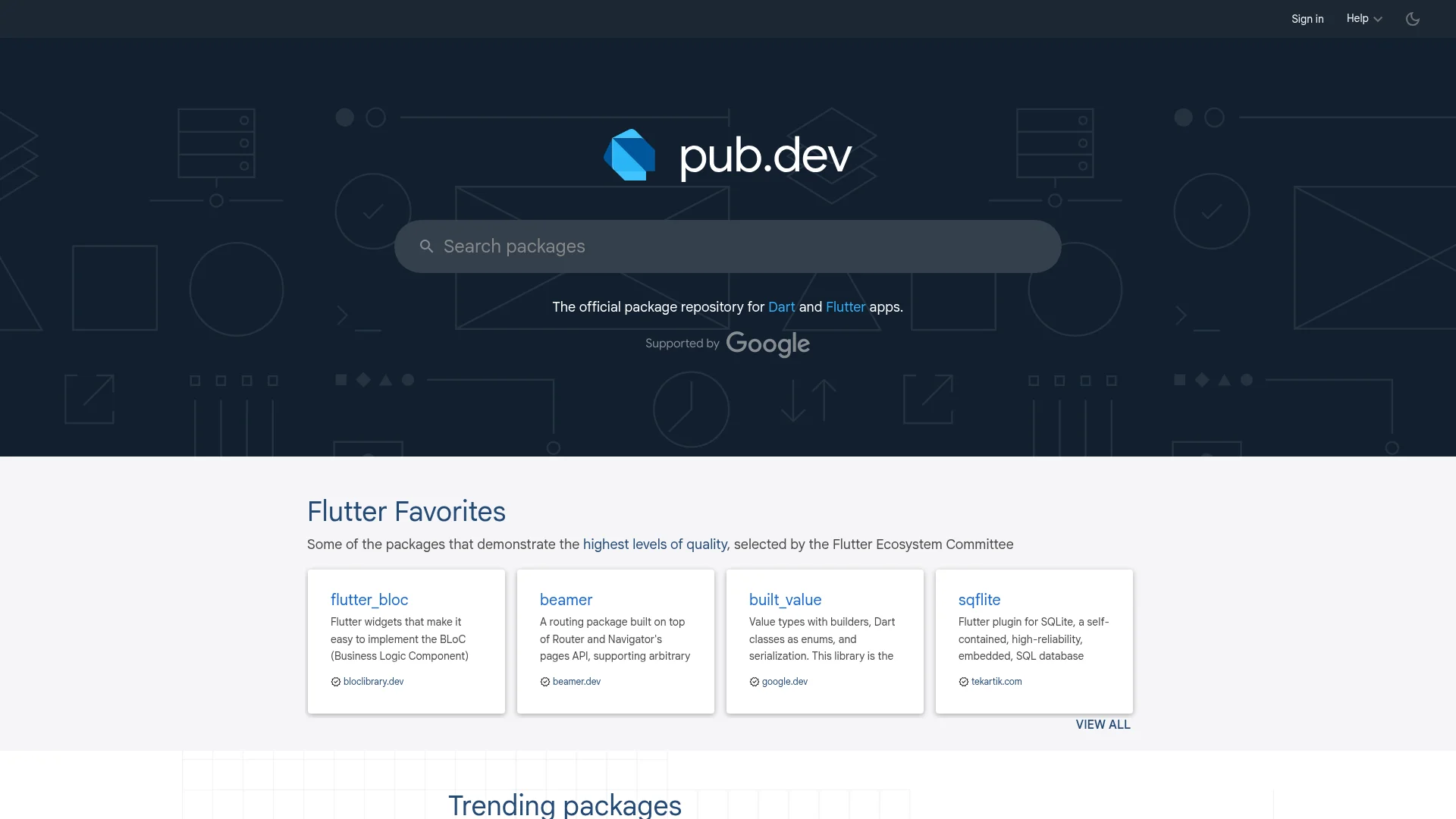 pub.dev package repository homepage showing Flutter and Dart package ecosystem