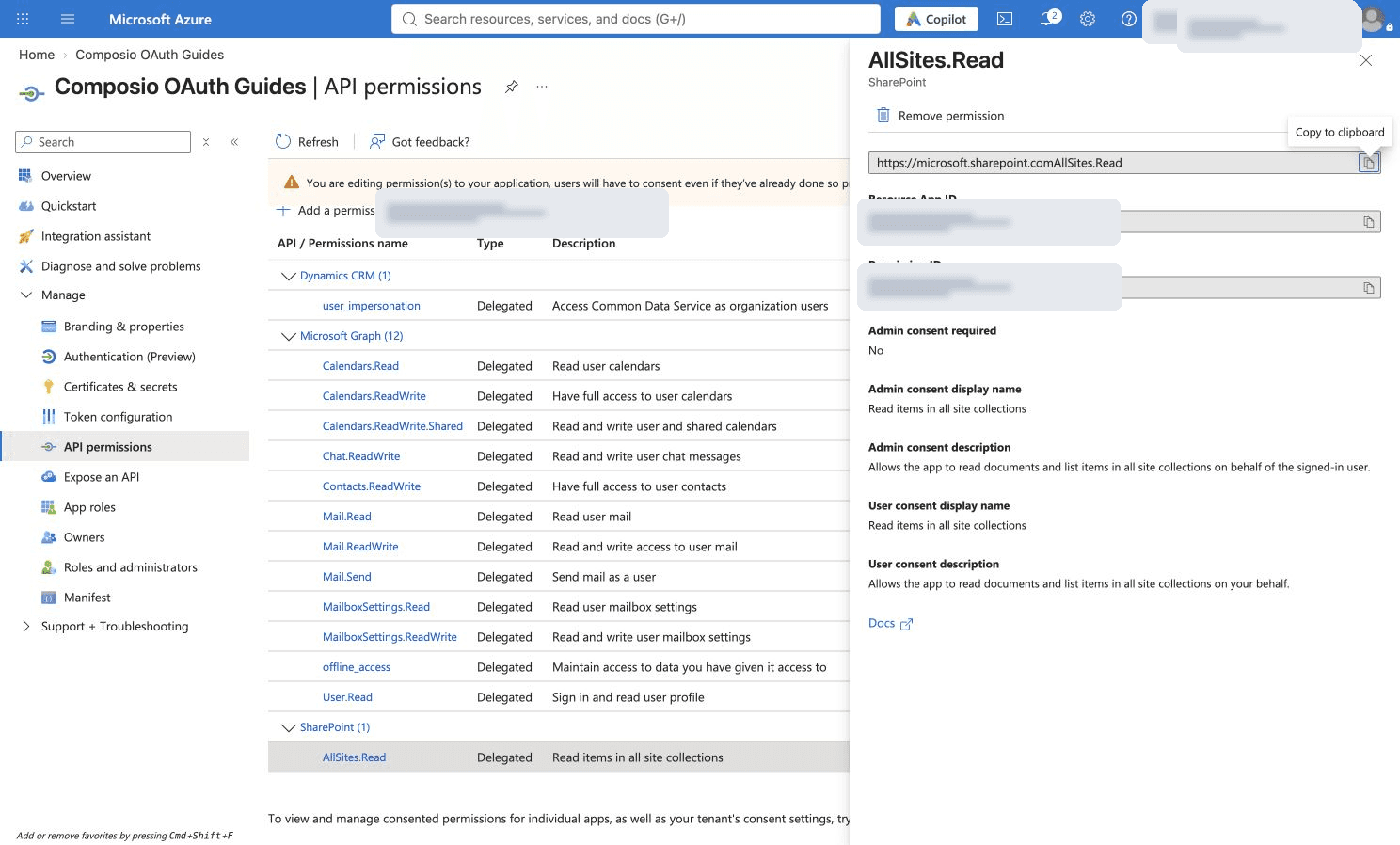 Configured SharePoint AllSites.Read permission details