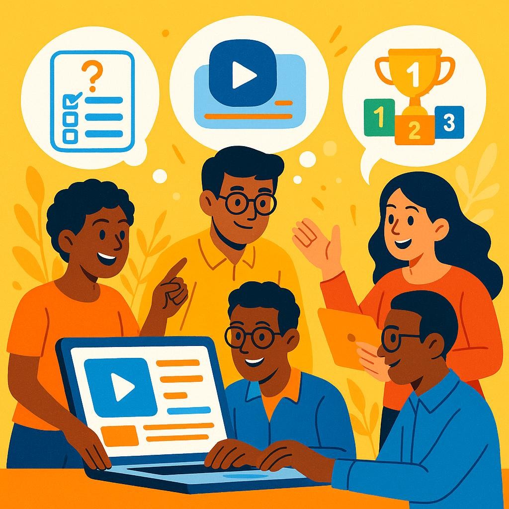 A vibrant and dynamic illustration depicting a diverse group of L&D professionals collaboratively creating engaging e-learning content on modern, intuitive authoring software. The scene is bright and energetic, with thought bubbles showing interactive quizzes, video modules, and gamified elements. The purpose is to visually represent the positive impact of a well-chosen authoring tool, emphasizing ease of use, creativity, and the production of high-quality, impactful training content for learners.