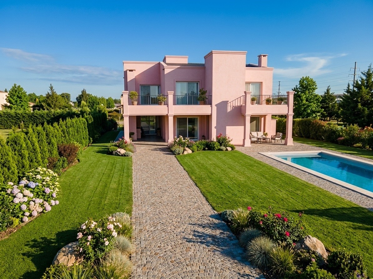 Fachada de casa de dos plantas con revestimiento rosado, balcones, jardín amplio y pleta, Country del Golf, Rosario