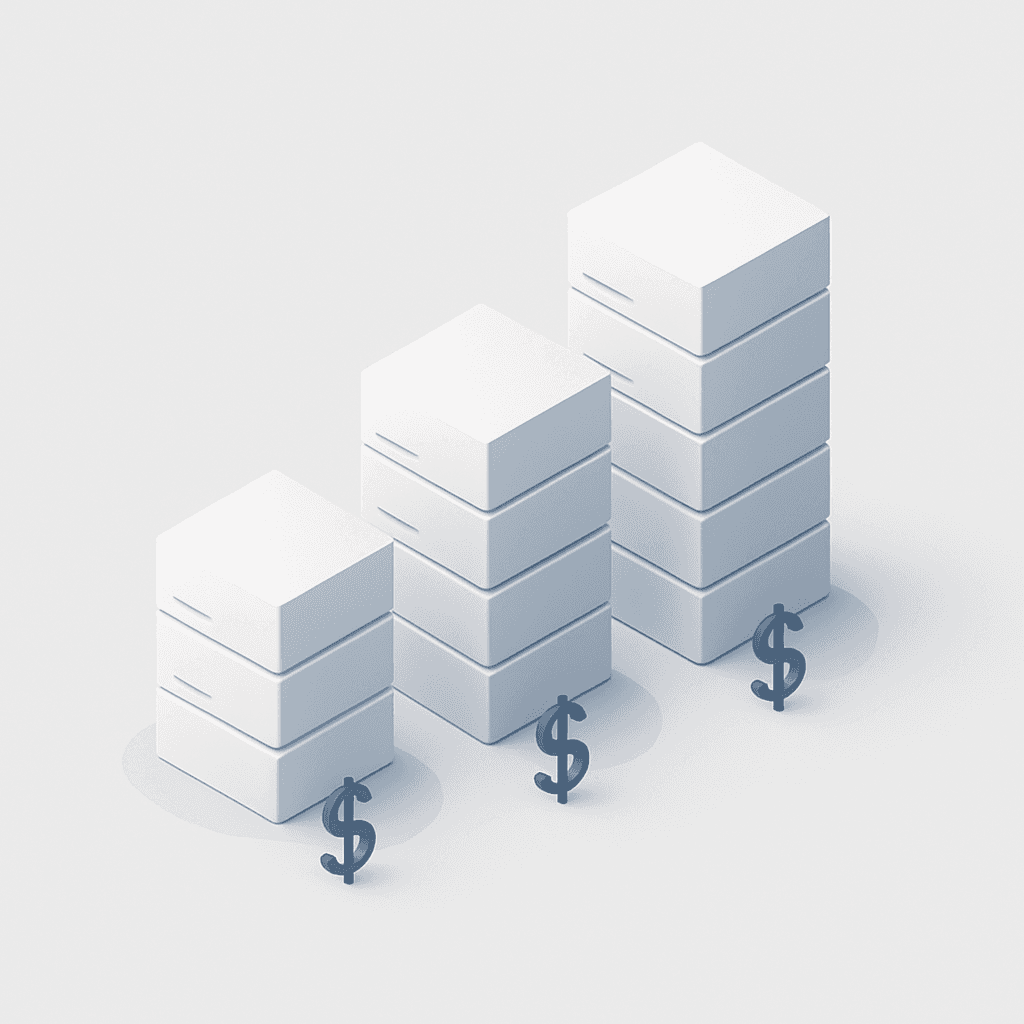 Isometric bar chart with three rising columns illustrating budget, mid-tier and enterprise AEO platform cost tiers.