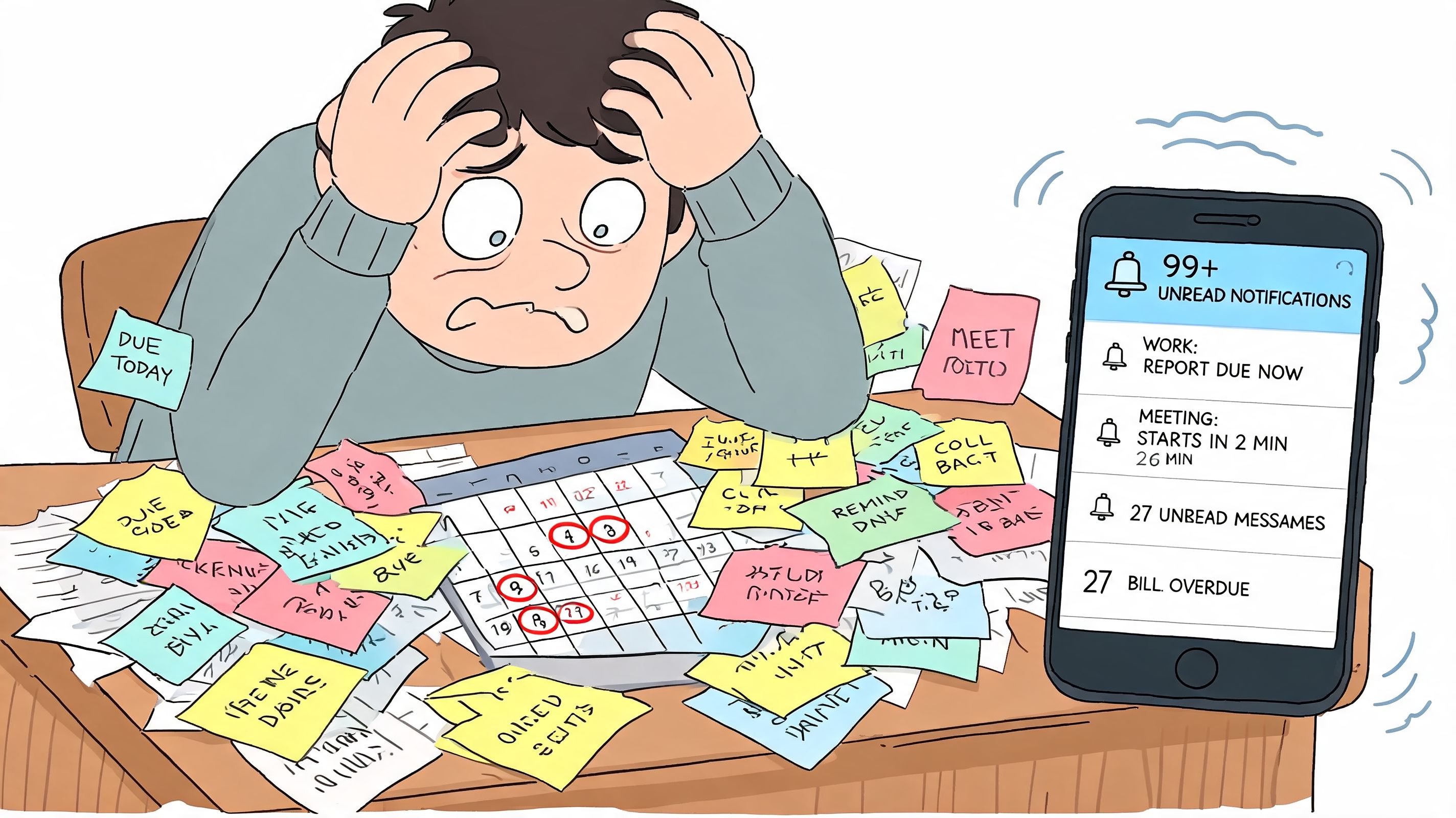 A stressed person overwhelmed by work deadlines, notifications, and calendar reminders on their messy desk.