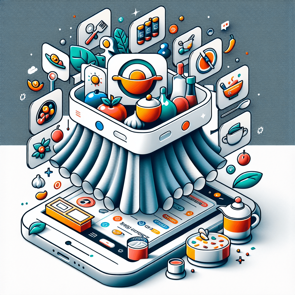 Futuristische 3D-Illustration eines Smartphones mit einer interaktiven, aufklappbaren Benutzeroberfläche. Aus dem Gerät quellen Lebensmittel, Koch-Icons und App-Funktionen – eine Visualisierung digitaler Rezeptorganisation und smarter Küchenplanung.