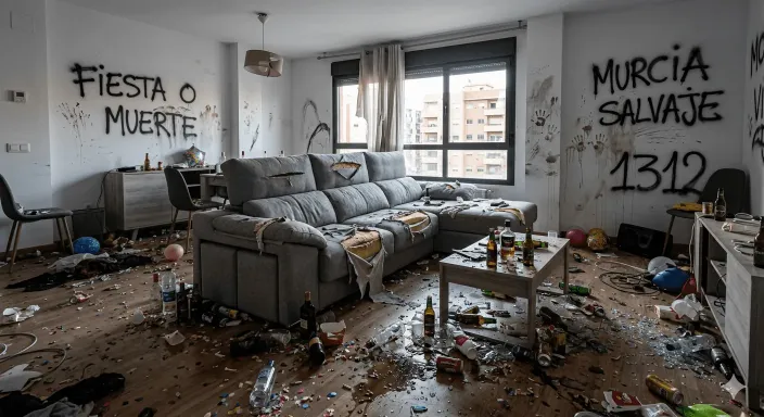Salón de una vivienda turística destrozado tras una fiesta de huéspedes, un siniestro excluido en pólizas estándar.