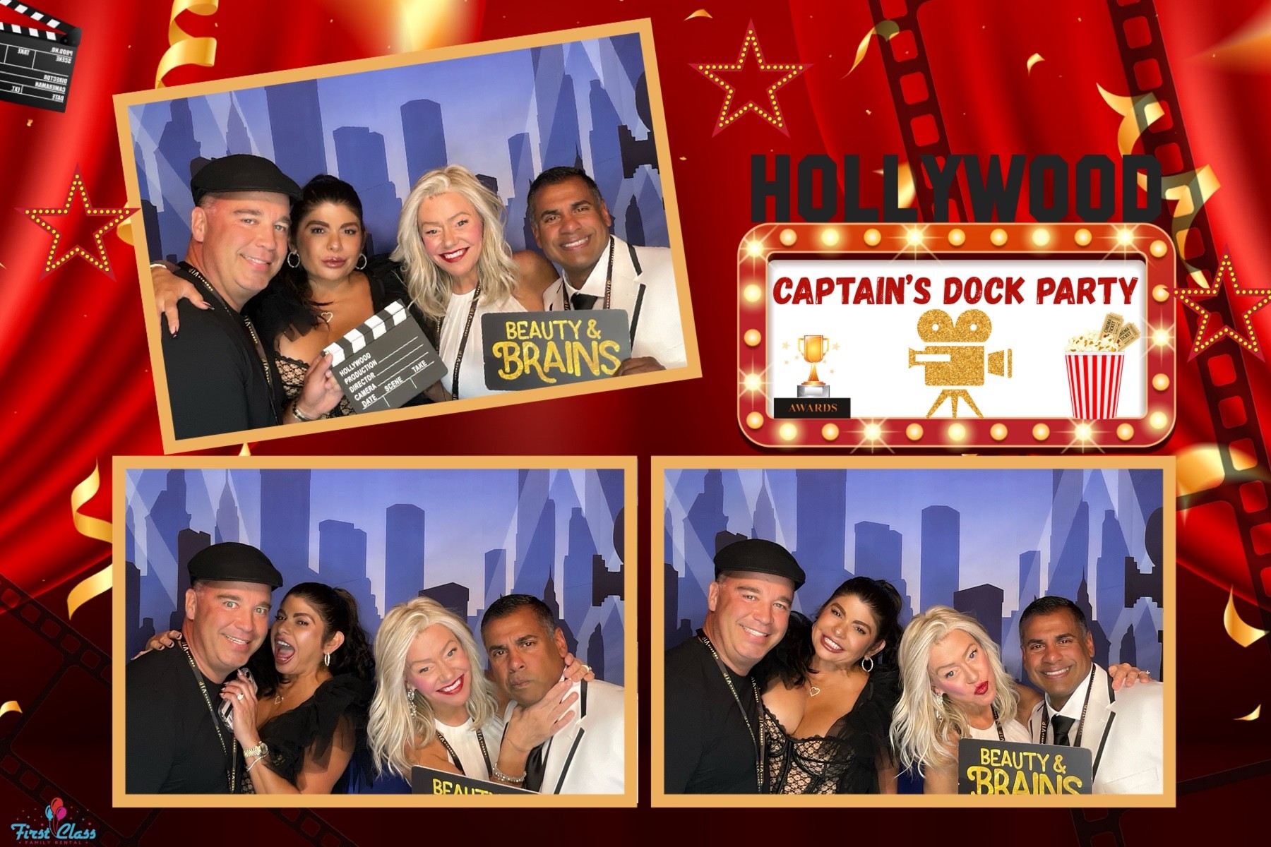 Four people are posing in a Hollywood-themed photo booth with a red and gold star backdrop, holding a clapperboard and wearing glamorous outfits at a Captain's Dock Party.