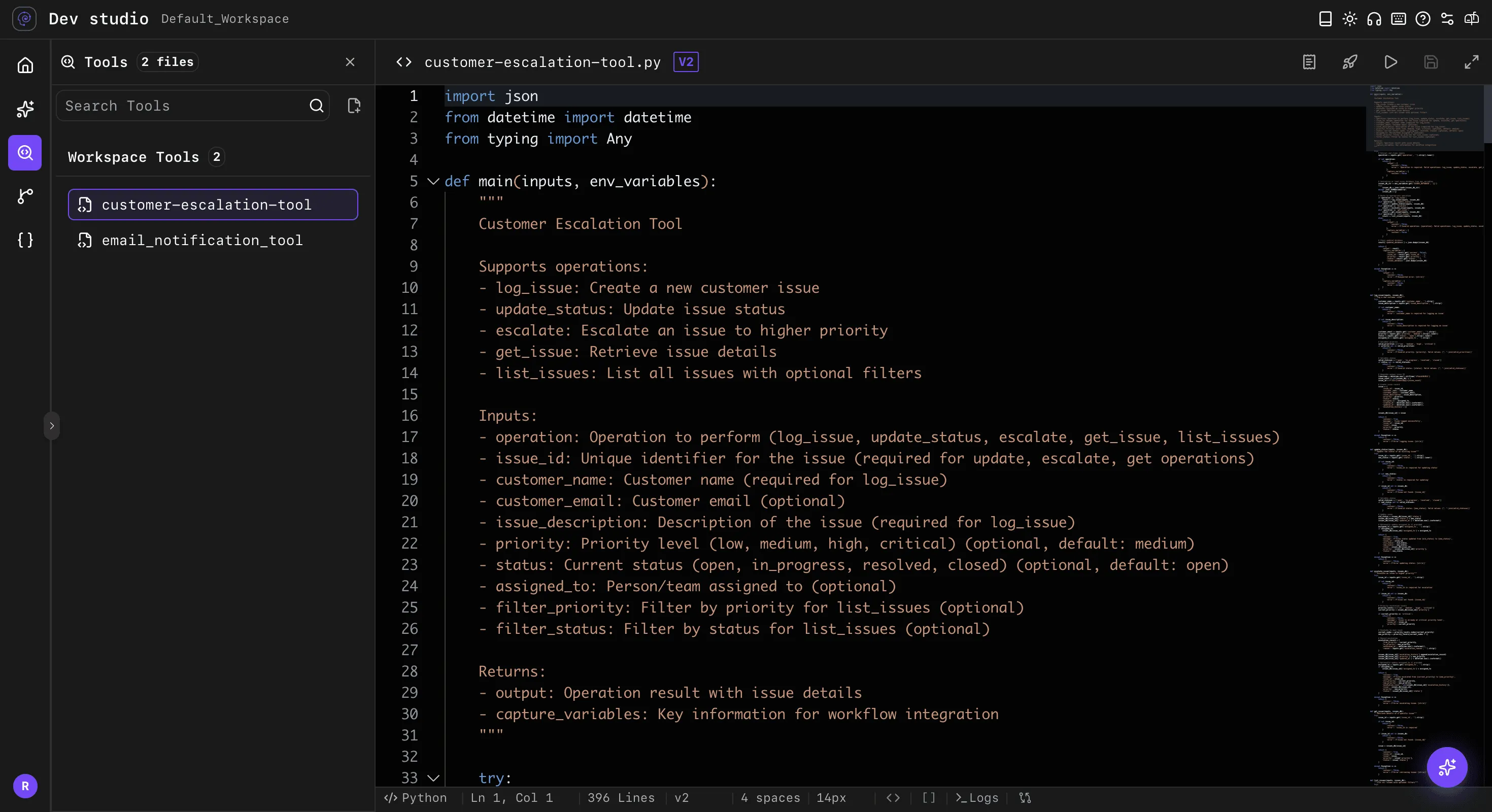 Dark-themed developer IDE showing AI workflow code editor, backend integrations, and execution logs