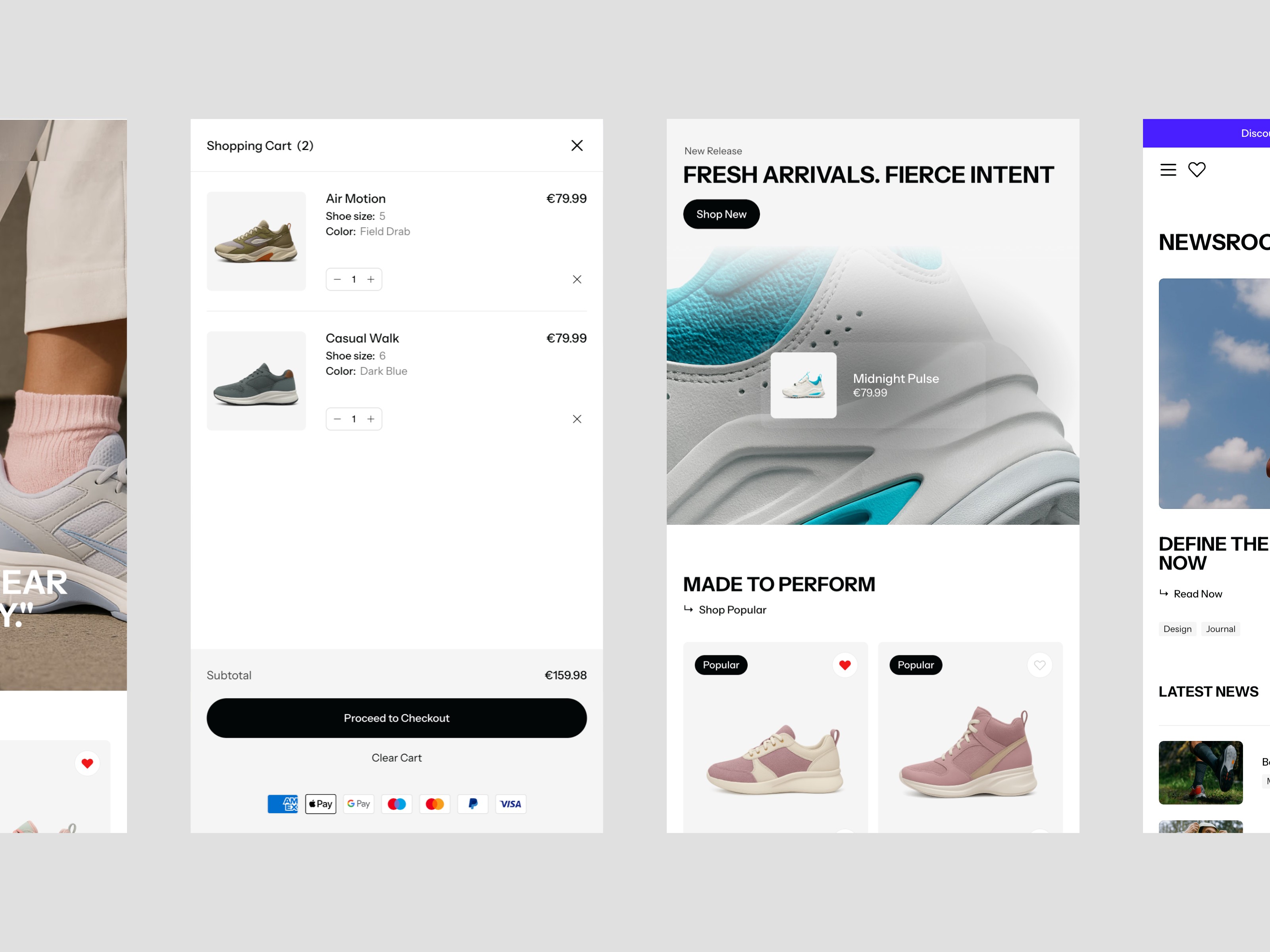 Mobile views of the Nivest sneaker template showing a shopping cart with Air Motion and Casual Walk sneakers totaling €159.98 with Apple Pay and card payment options, a "Fresh Arrivals. Fierce Intent" new release page featuring the Midnight Piano colorway, a "Made to Perform" popular products section, and a Newsroom page