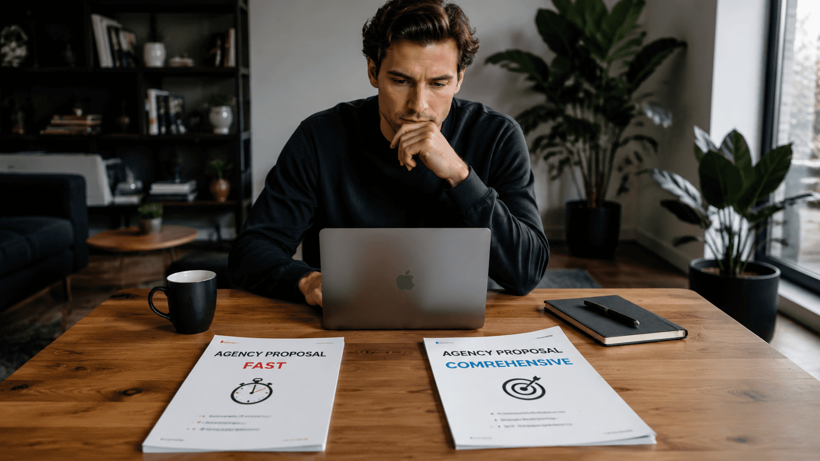A founder sitting at a laptop with two agency proposals on the table, one marked
