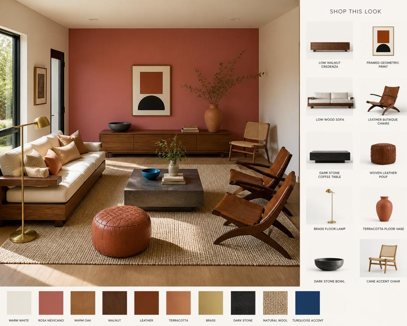 Mid-century modern living room featuring a terracotta accent wall, walnut credenza, cream sofa, leather chairs, dark stone coffee table, brass floor lamp, geometric wall art, and natural wool rug.