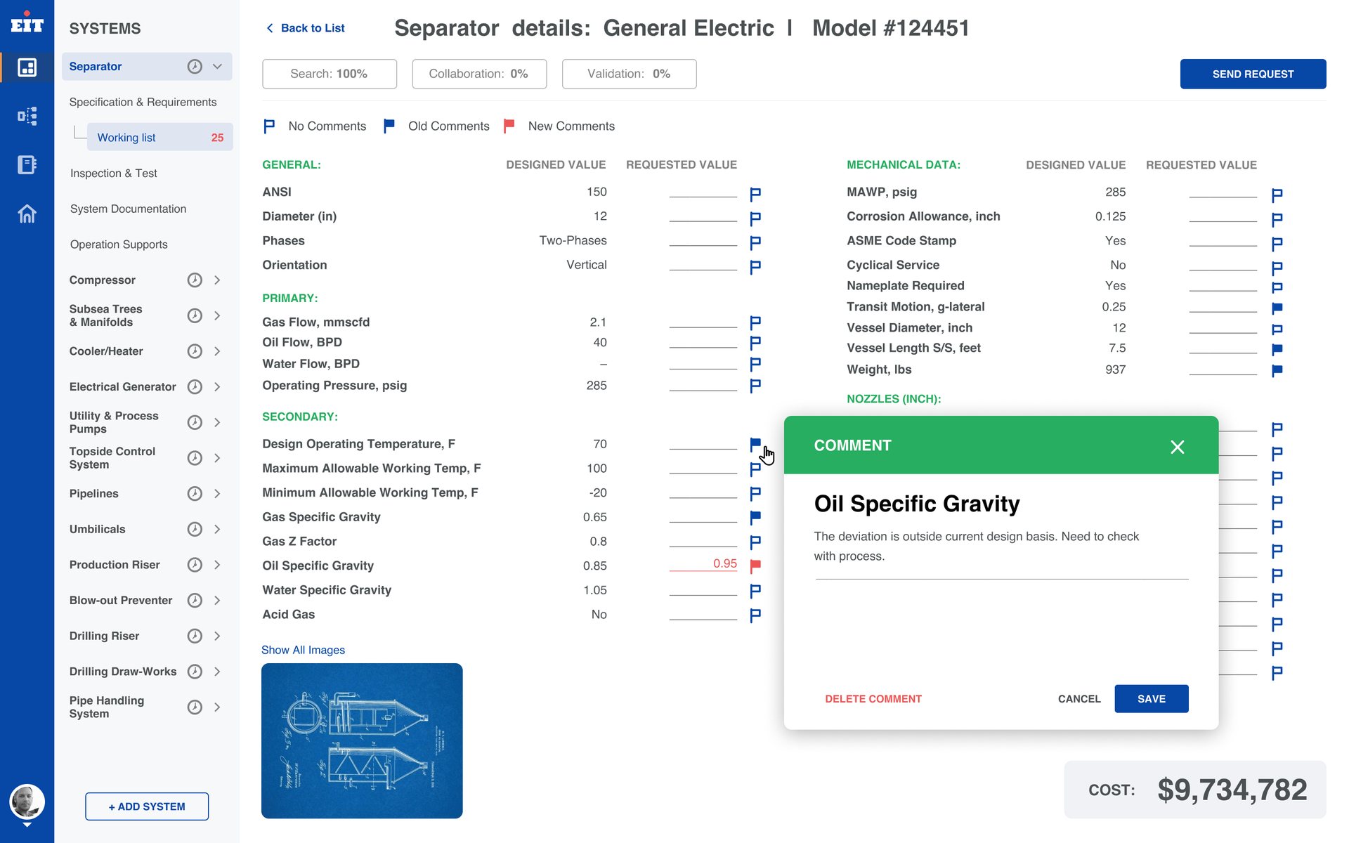 EIT, delivered design — Negotiation: A comment attached to one parameter: the requested value is outside the design basis.