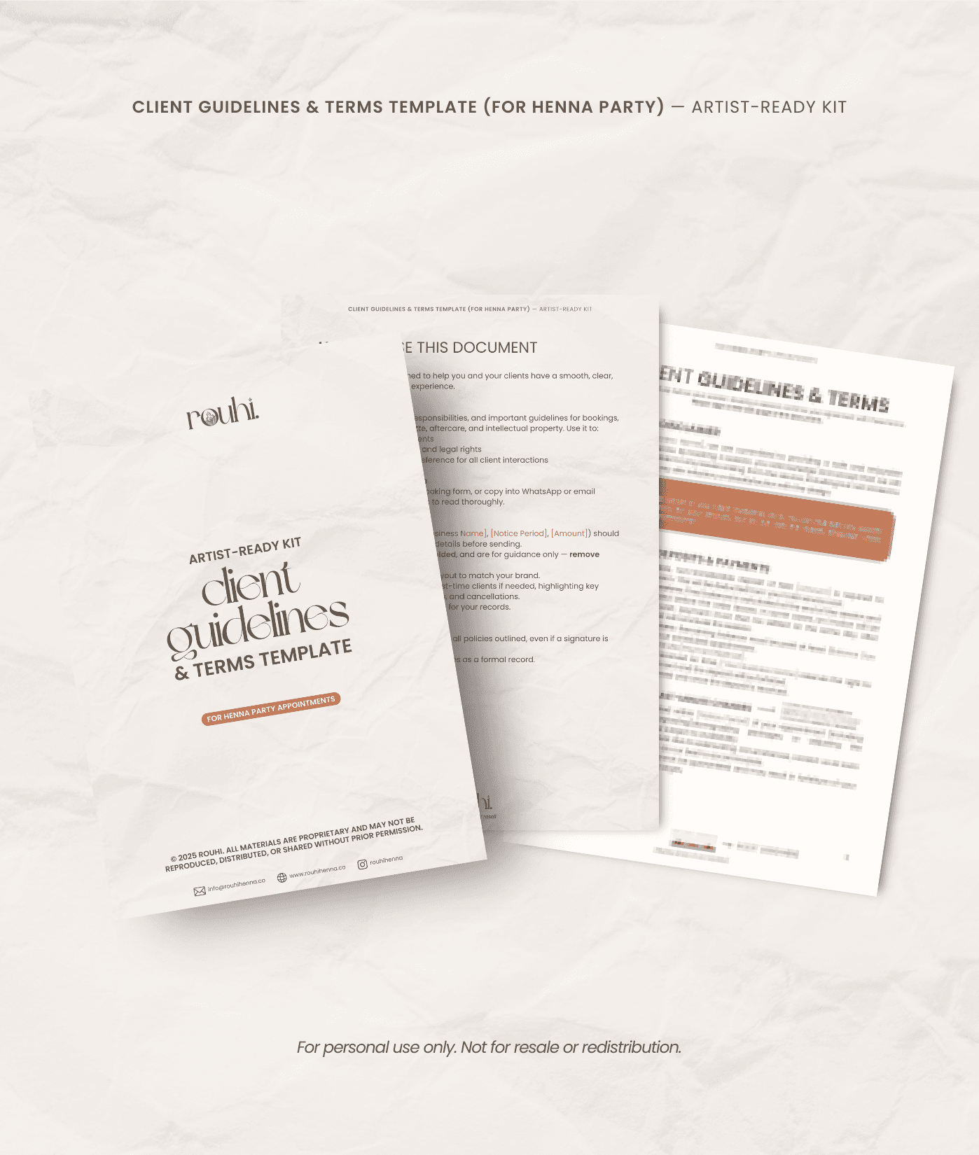 Client terms and conditions template for a henna party booking in Singapore, made by Rouhihenna.