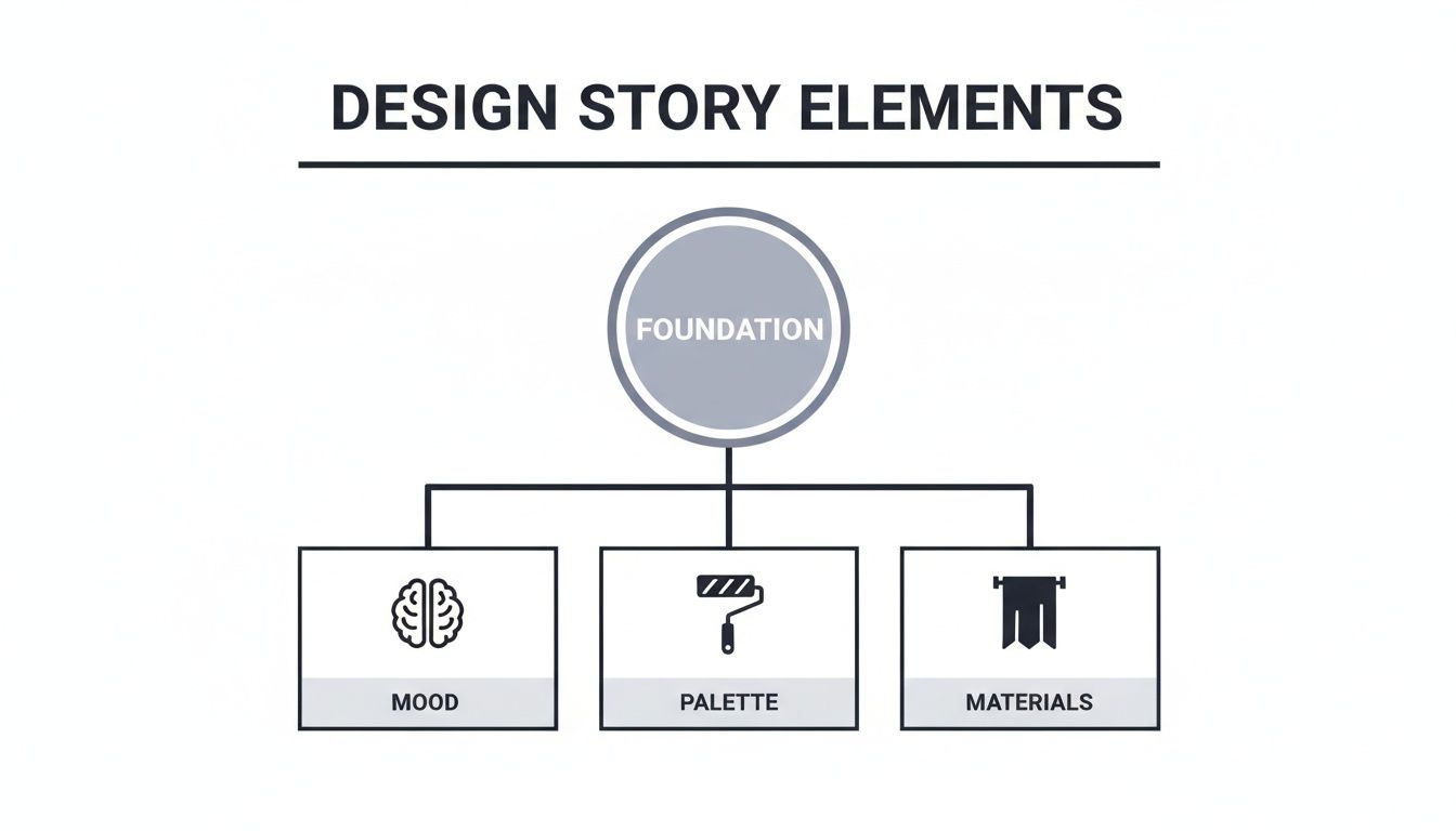 An organizational chart illustrating design story elements with foundation at the top and mood, palette, and materials below.