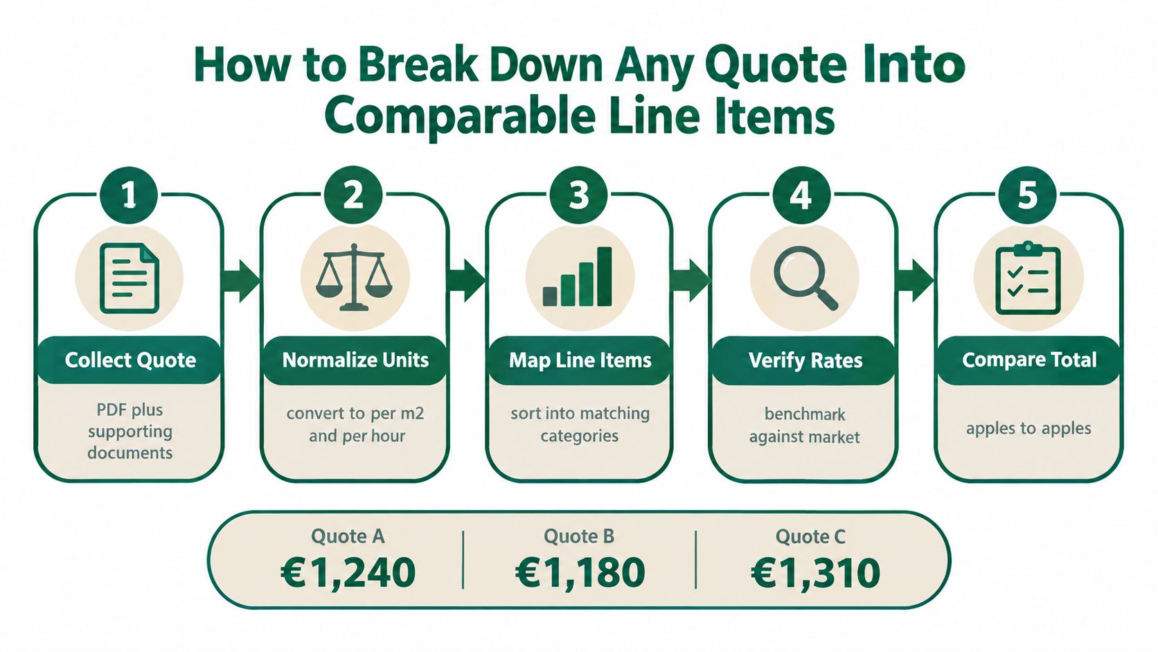 A five-step infographic showing how to break down and compare price quotes from different vendors.