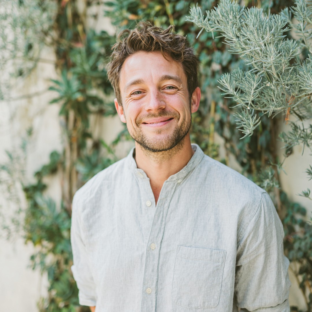 Smiling young man with short curly hair in a light linen shirt outdoors with greenery