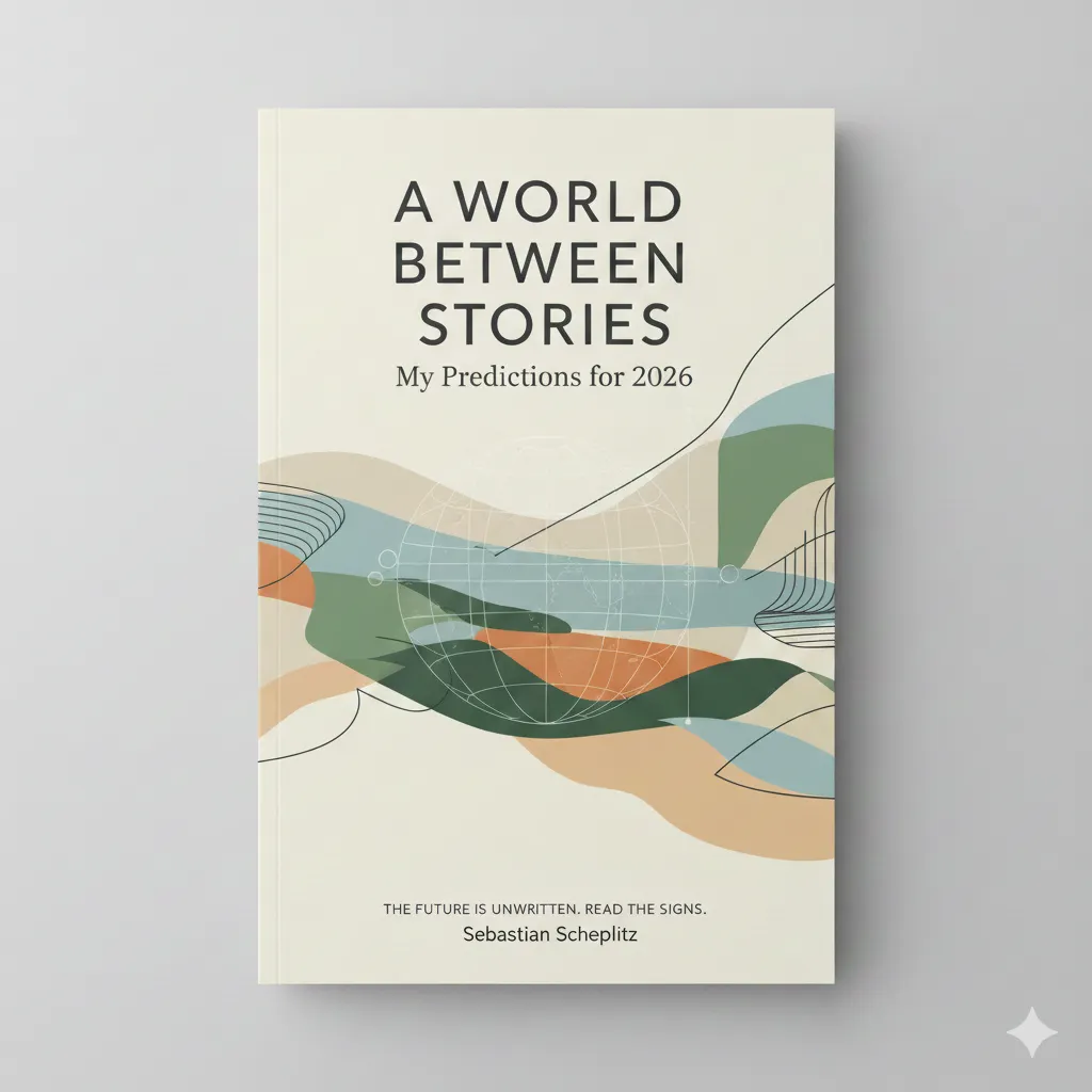The cream cover of A World Between Stories by Sebastian Scheplitz, subtitled My Predictions for 2026, with abstract coloured shapes and a globe motif.