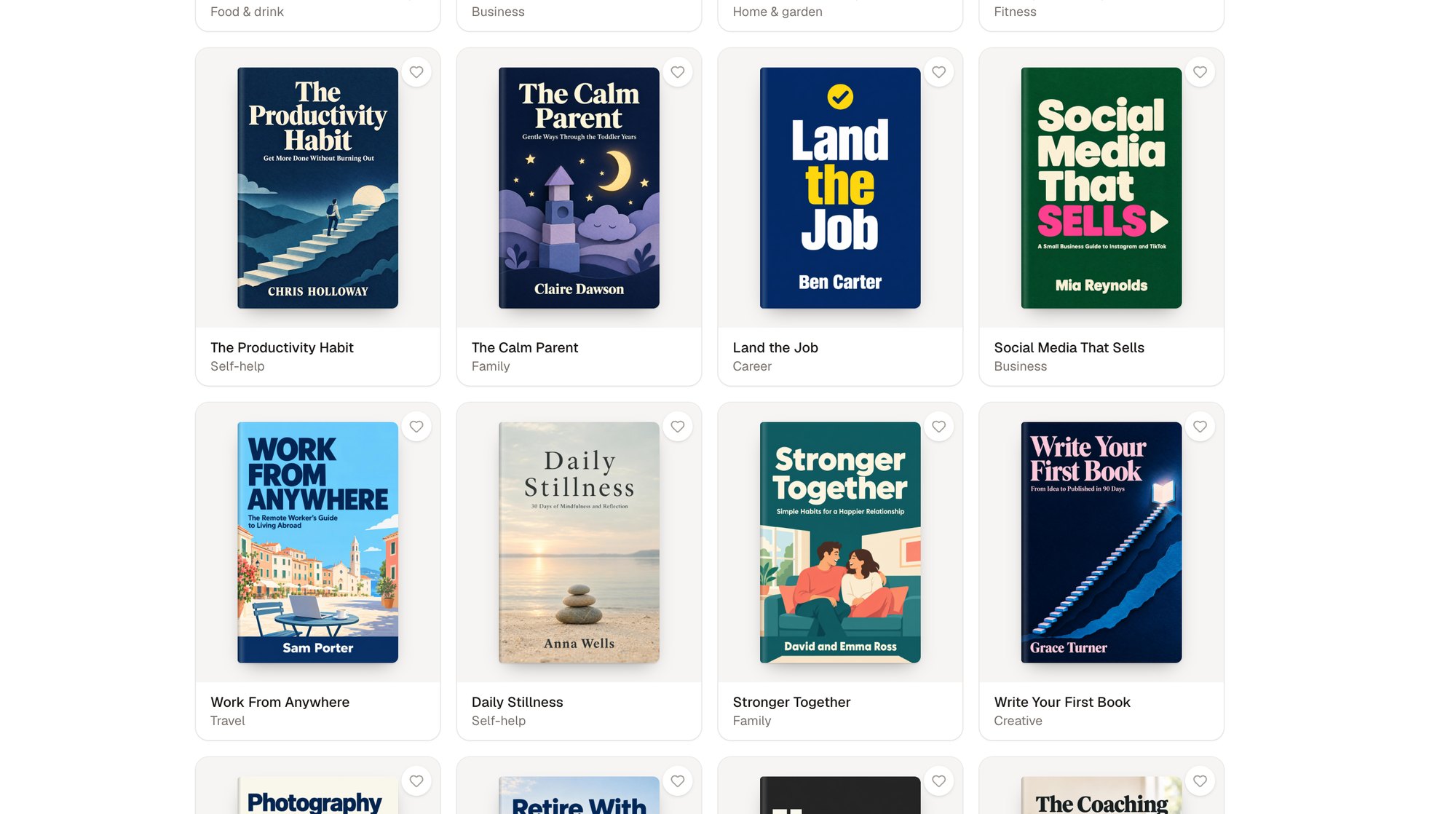 The Library’s cover templates, including The Calm Parent, Land the Job, Social Media That Sells, Work From Anywhere, Daily Stillness, Stronger Together and Write Your First Book.