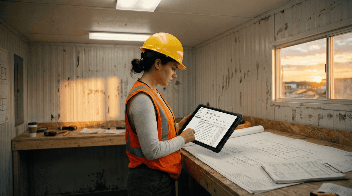Project engineer using AI-powered submittal review software on a tablet at a construction job site