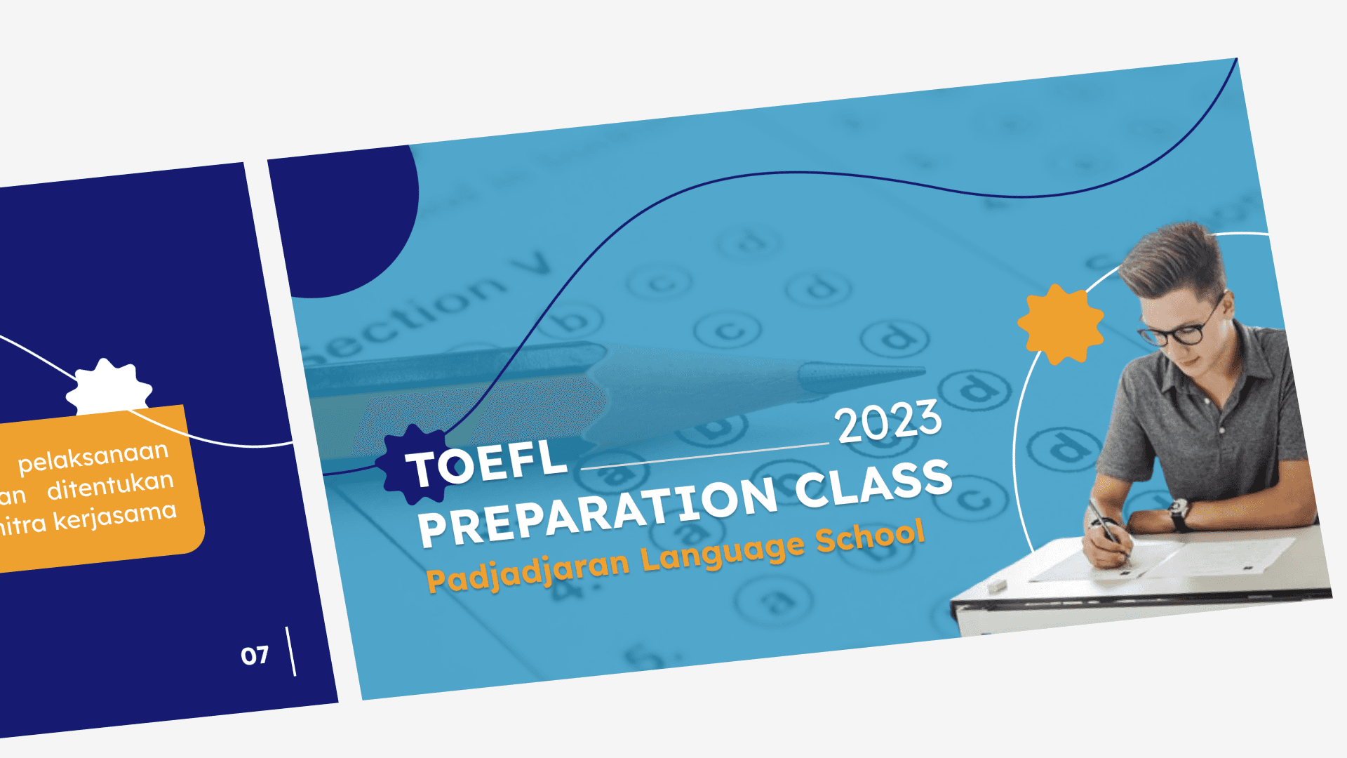 Banner for TOEFL Preparation Class 2023 at Padjadjaran Language School. Features a student writing on paper and a blurred test answer sheet background.