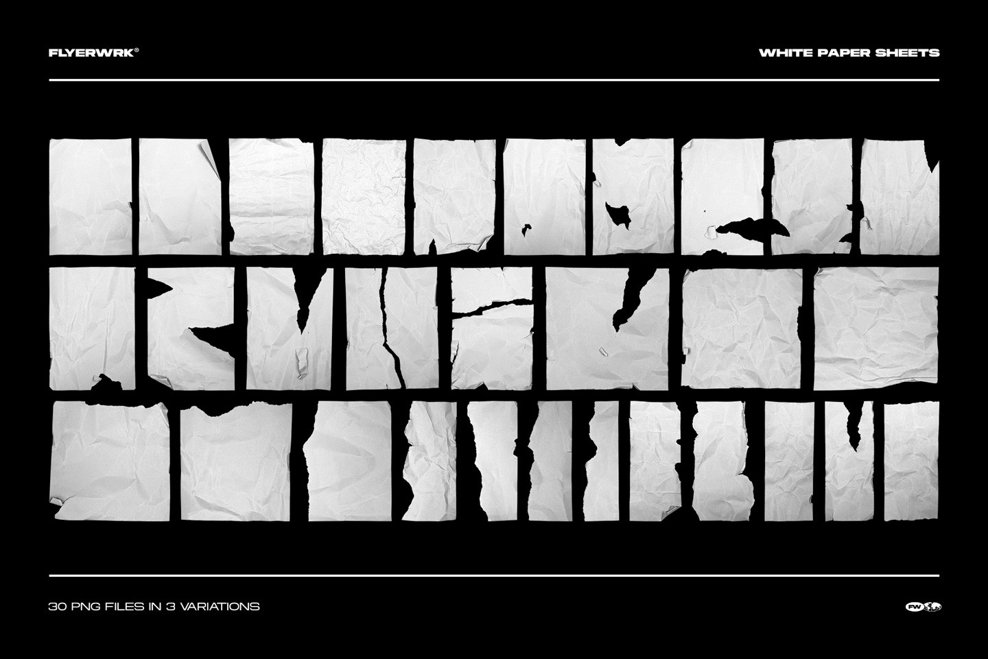 Grid of thirty white crumpled paper sheets with various torn edges and folded textures