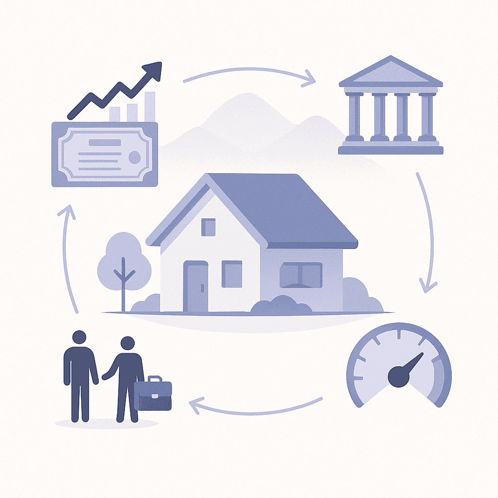 Diagram showing macro factors like Fed policy, inflation, jobs, and Treasury yields converging on Englewood mortgage r…