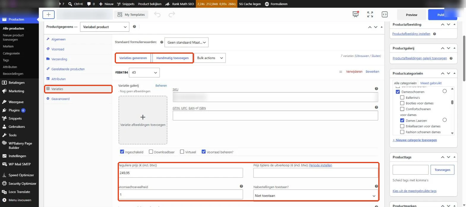 WooCommerce: het tabblad Variaties met Variaties genereren en de gegevens per maat
