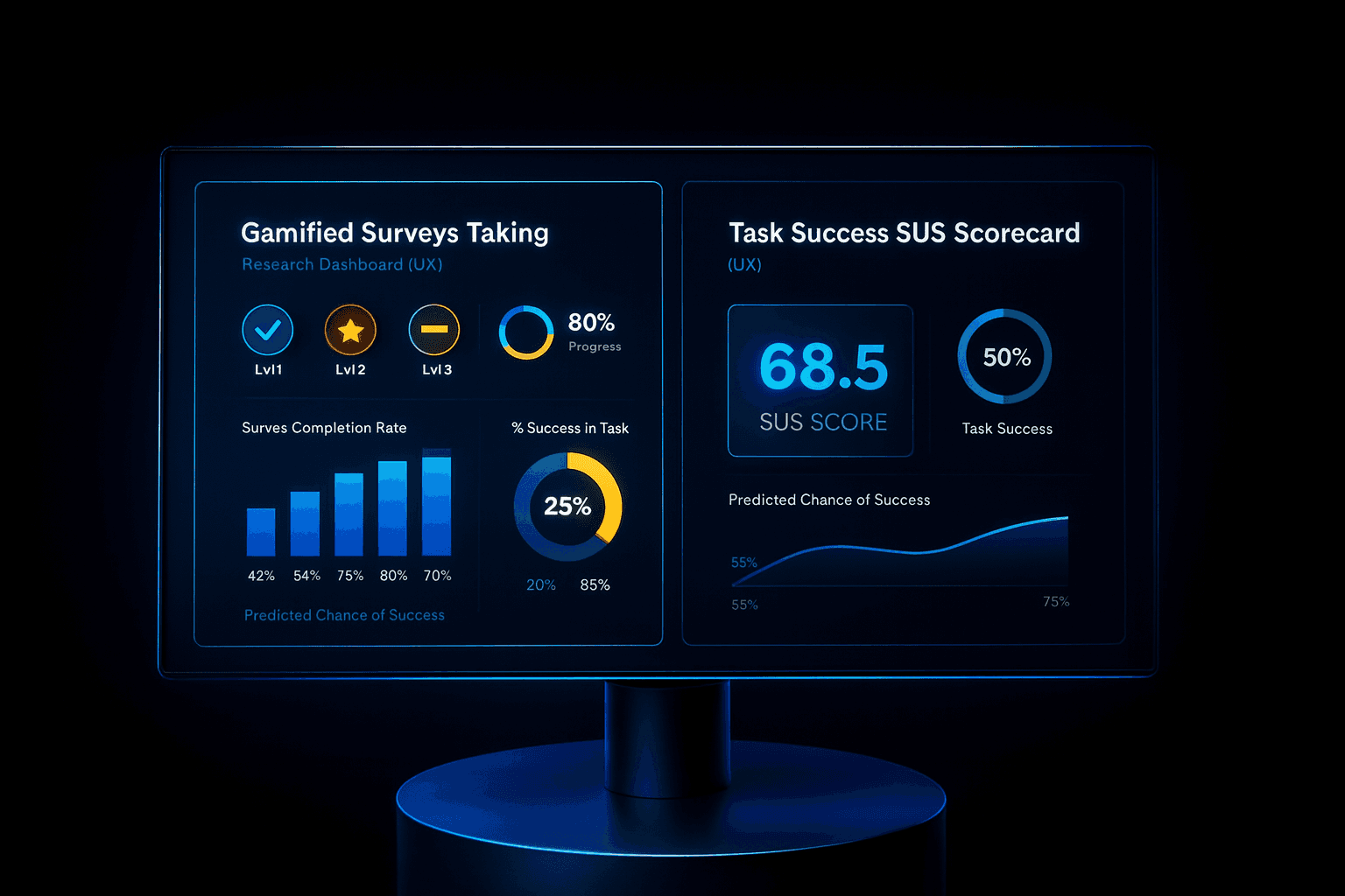 Split dashboard showing gamified survey results with progress badges and classic SUS scorecards for usability testing