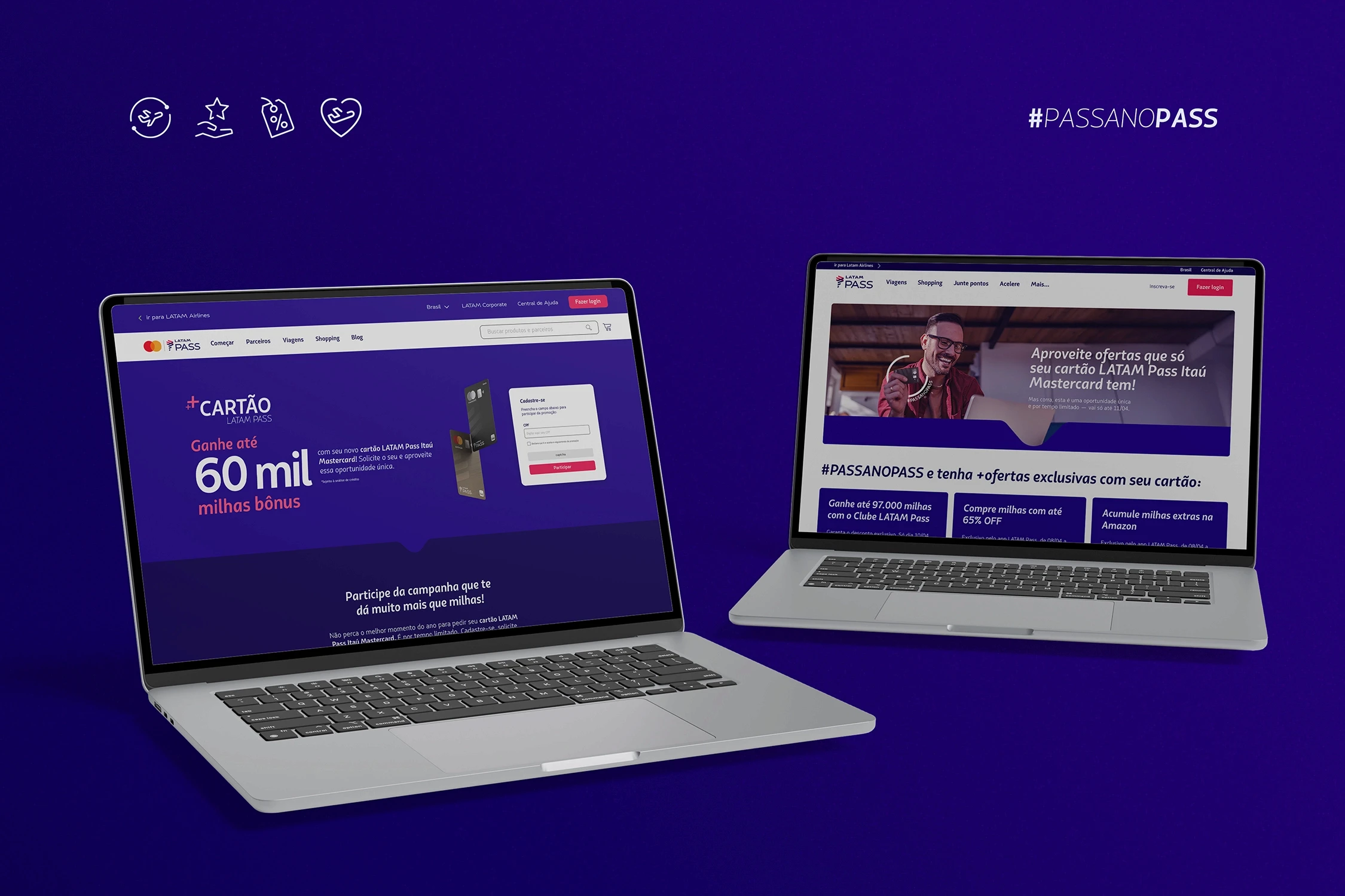 Dual desktop mockup of LATAM Pass campaign landing pages, showcasing conversion-focused UI design and card acquisition flow for a financial digital campaign.