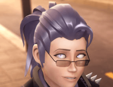 The image shows a character with purple hair in a ponytail, wearing glasses and a spiked accessory, set in an urban environment.