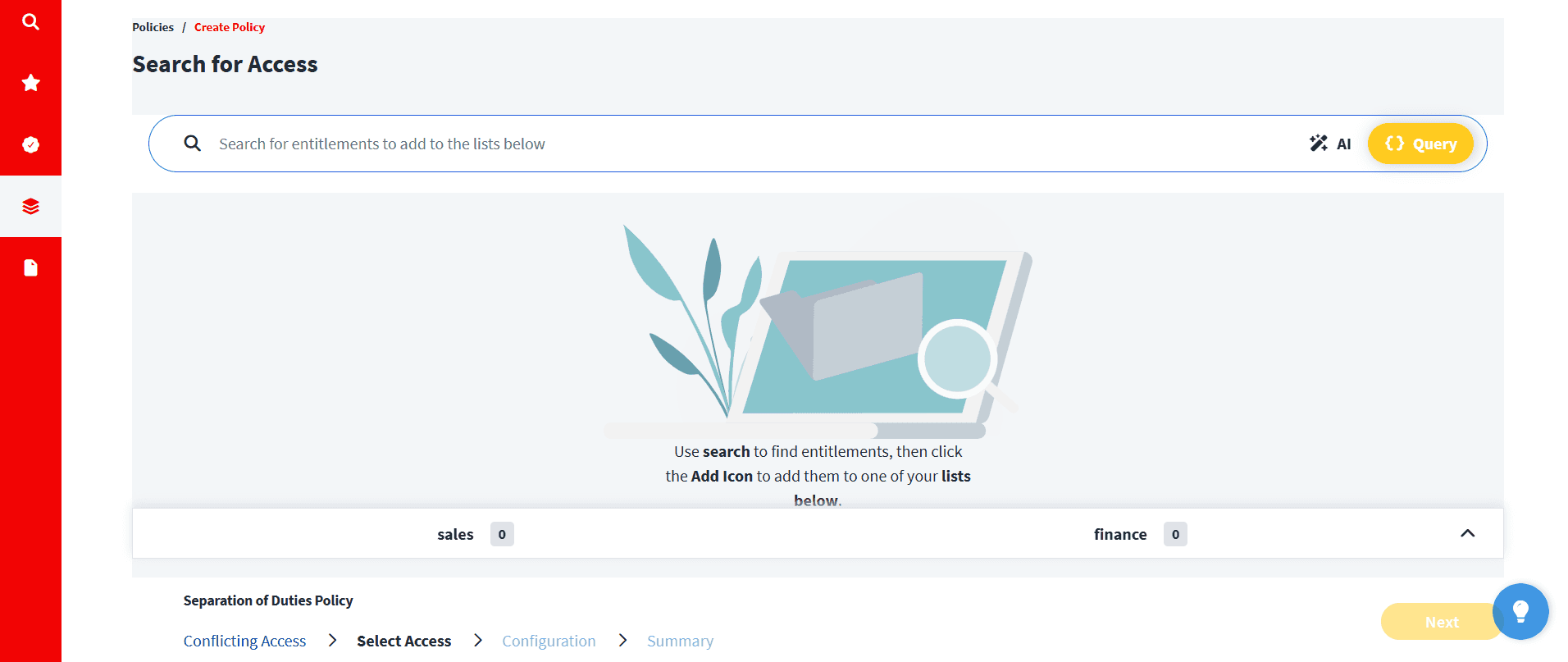 Search interface for selecting and adding entitlements to conflicting access lists within an SOD policy.