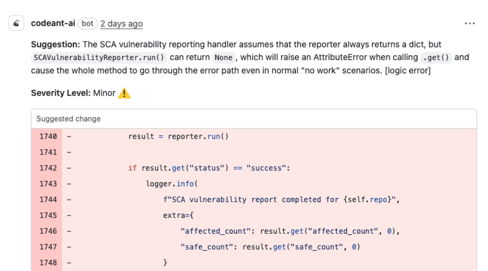 CodeAnt AI's Quality Gate summary displaying pass/fail status, secret scan results, commit information, and scan time.
