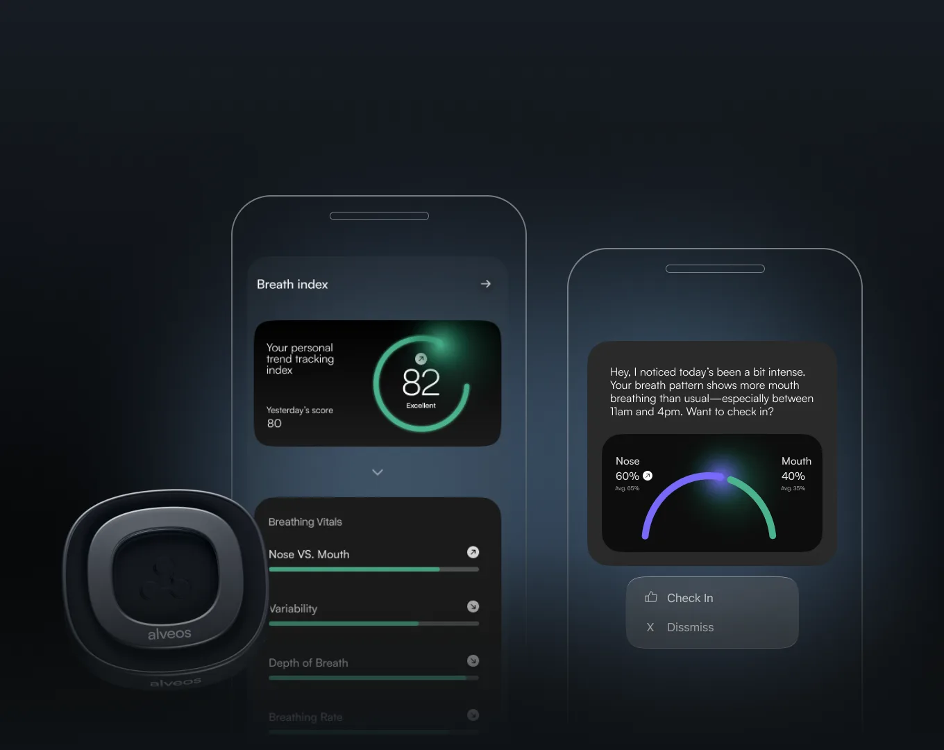 Alveos One wearable next to the Alveos app showing the Breath Index and nose versus mouth insights