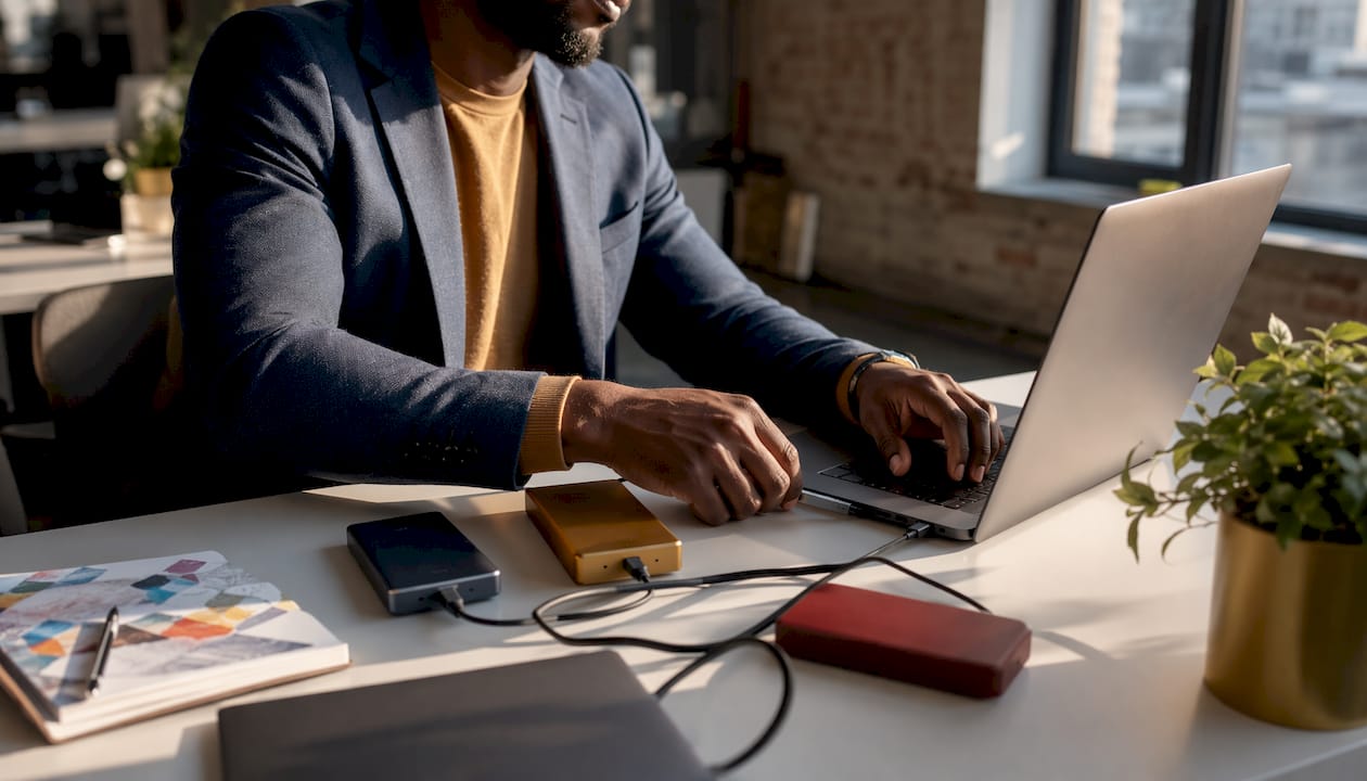Hands connecting marketing automation hardware devices
