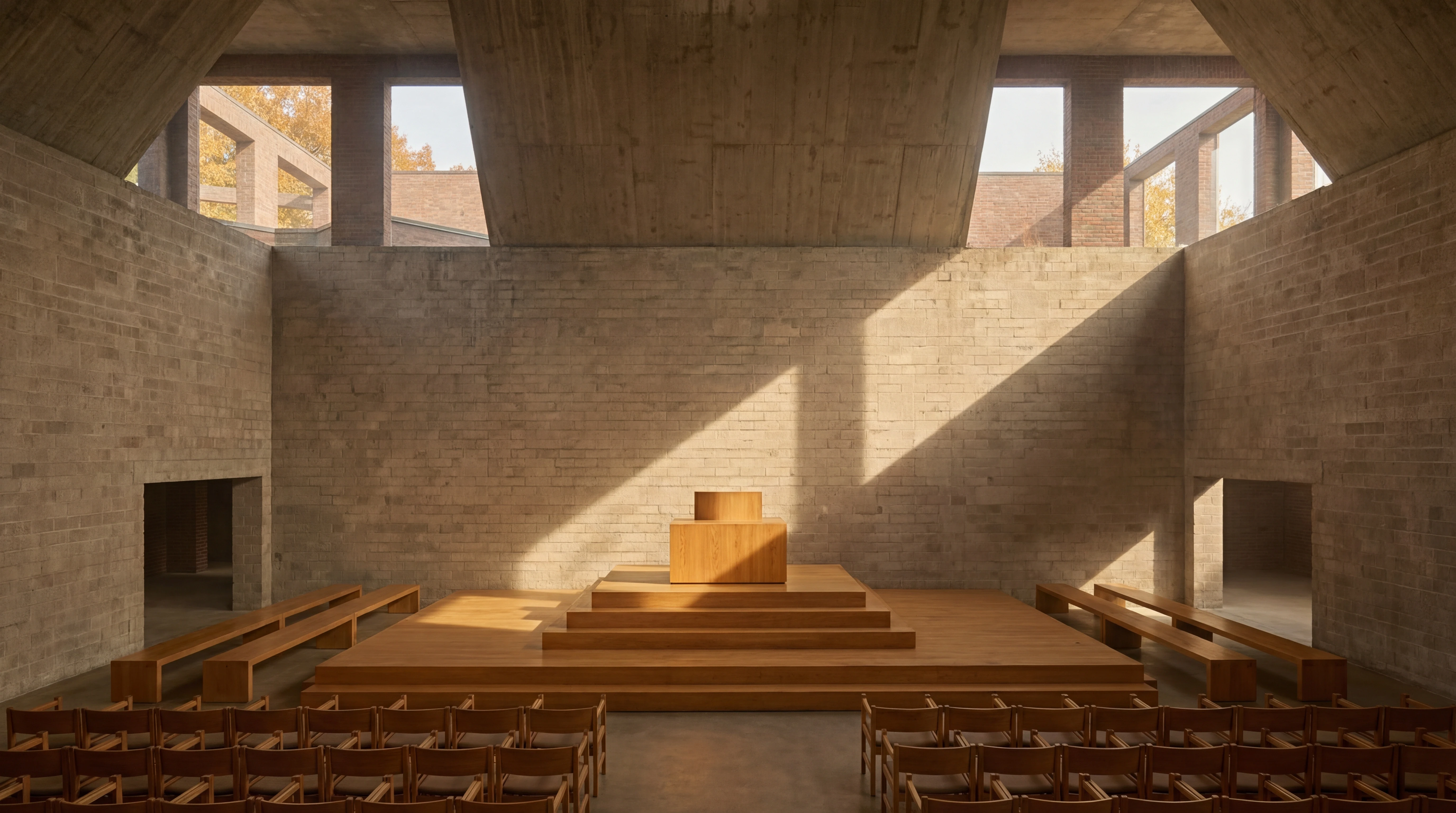 Chapel interior with diagonal light beams through high windows — Dominican Motherhouse I AI rendering