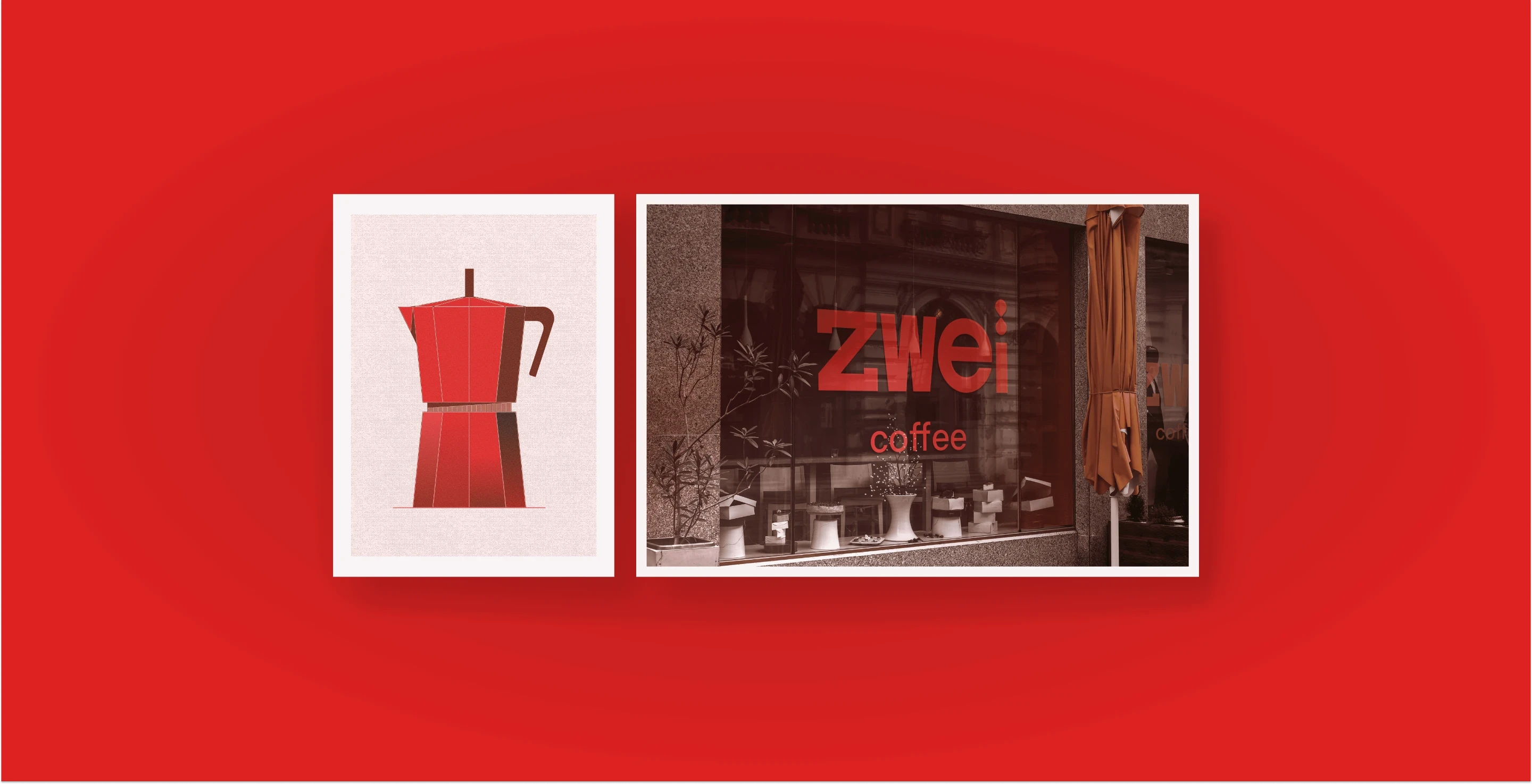 Red Zwei banner with a coffee pot illustration and a photo of the café
