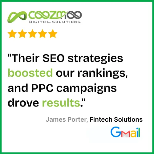 Testimonial for Coozmoo praising SEO rankings boost and PPC results.