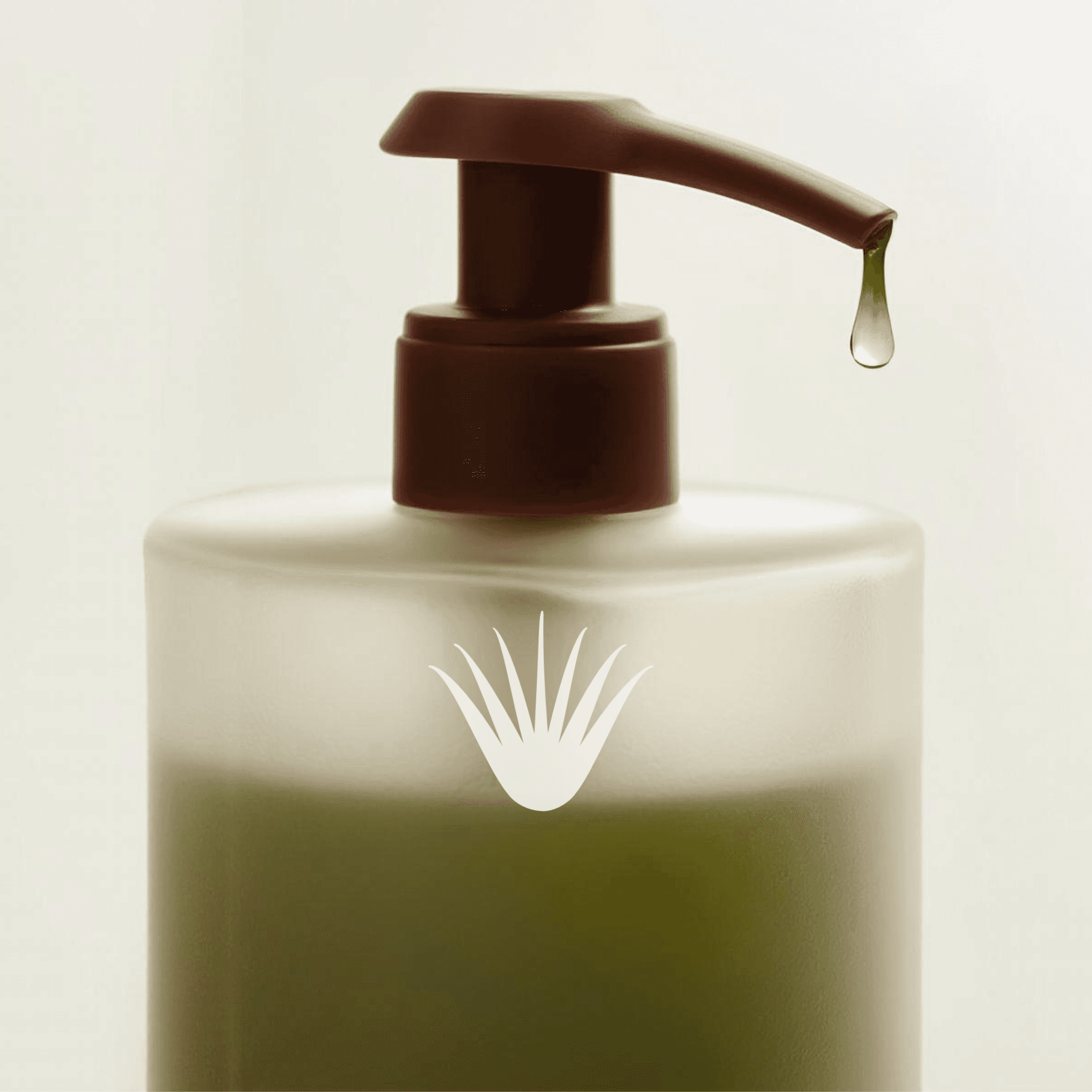 A skincare product bottle filled with green liquid. The image focuses on the top of the bottle, showing some product dripping out of the pump nozzle.