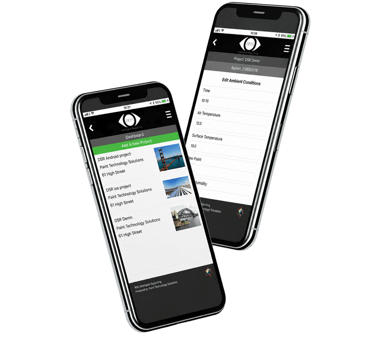 IRIS inspection reporting displayed on two mobile phones