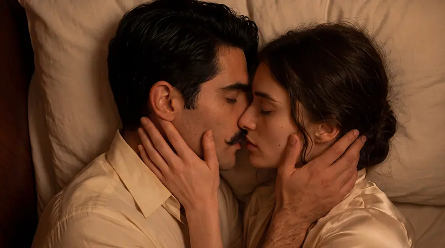 Two people lying close on a pillow, faces together