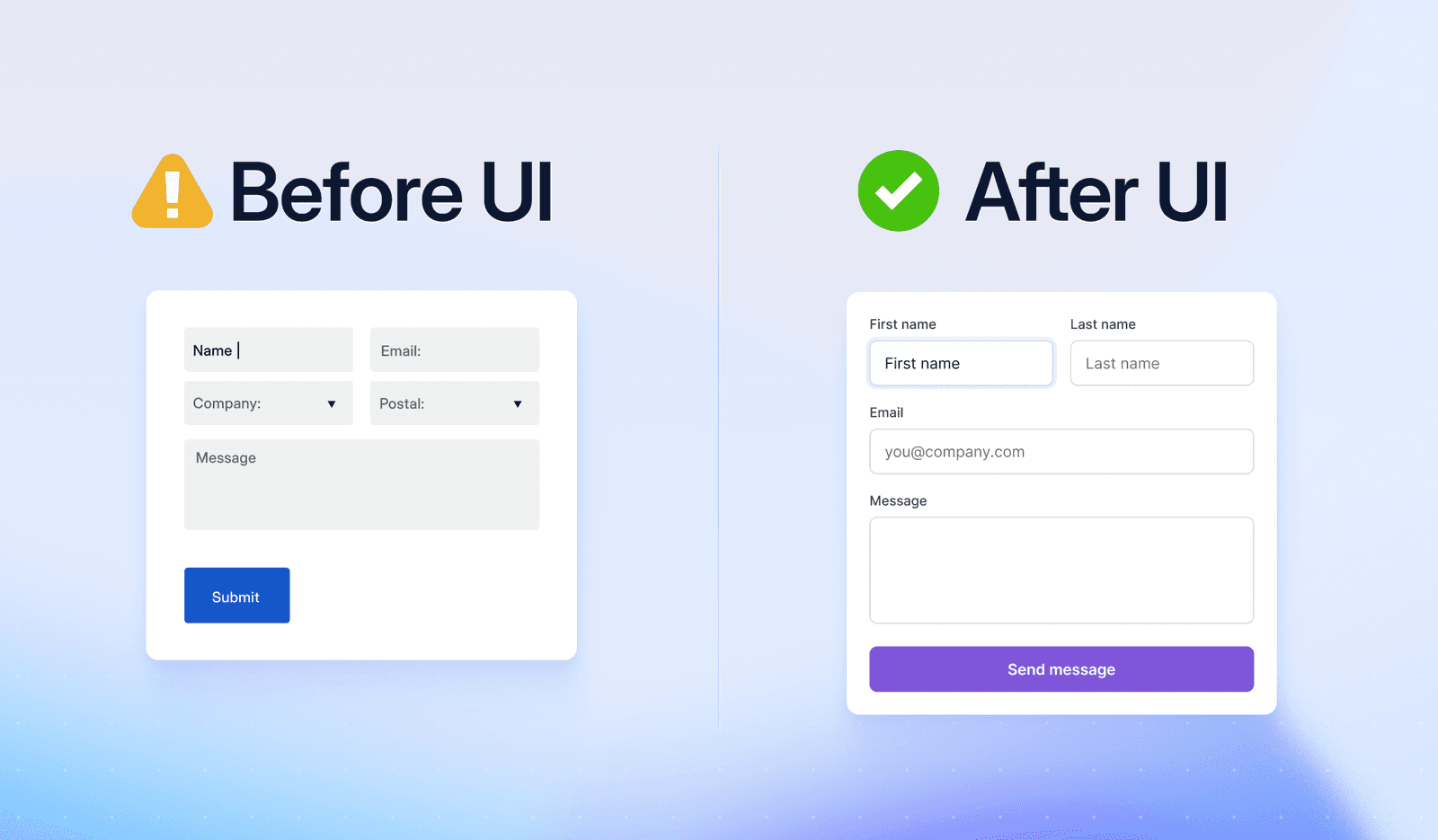 A UI Designer work sample showing before and after comparison.