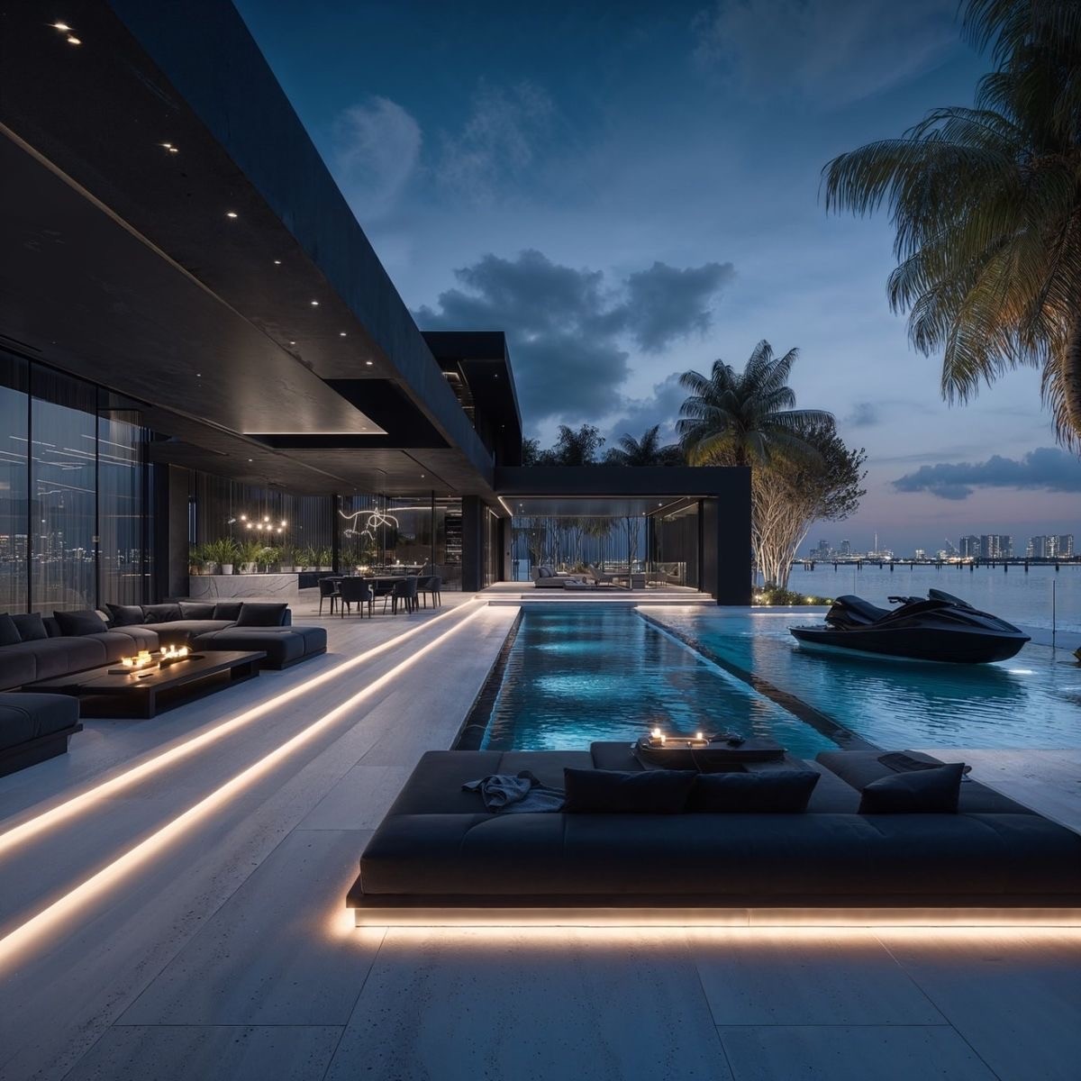 Pool terrace with outdoor seating and palm trees beside the water at dusk
