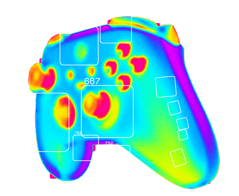 A heat map over a 3D Model of A Game Controller, indicating 3D attention analytics