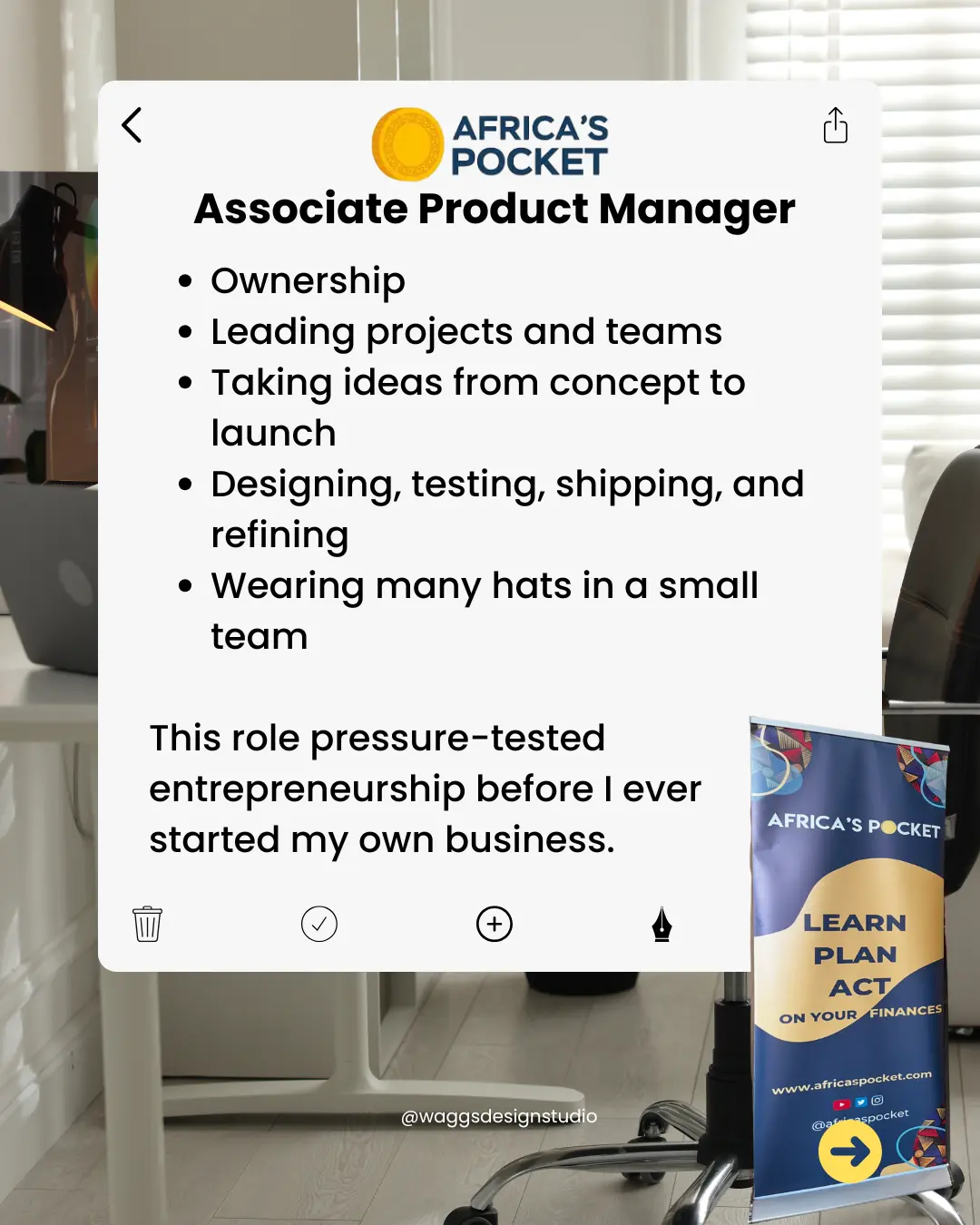 A promotional poster for Africa's Pocket highlights the role of an Associate Product Manager, outlining key responsibilities such as ownership, leading projects, and taking ideas from concept to launch, with a focus on designing, testing, and refining in a small team, alongside a colorful banner that reads "Learn, Plan, Act on Your Finances."