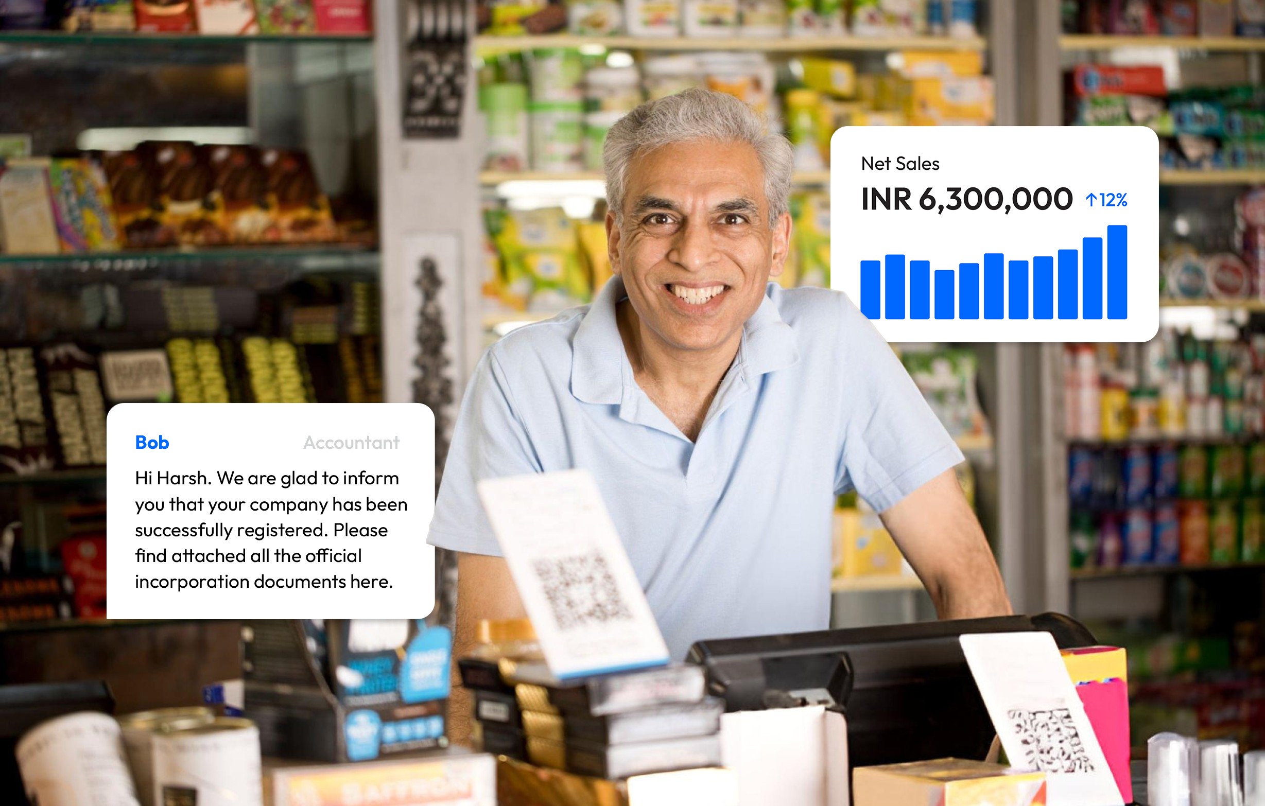 Smiling business owner in a store, celebrating company incorporation and net sales growth using Incorpo's digital accounting and incorporation platform