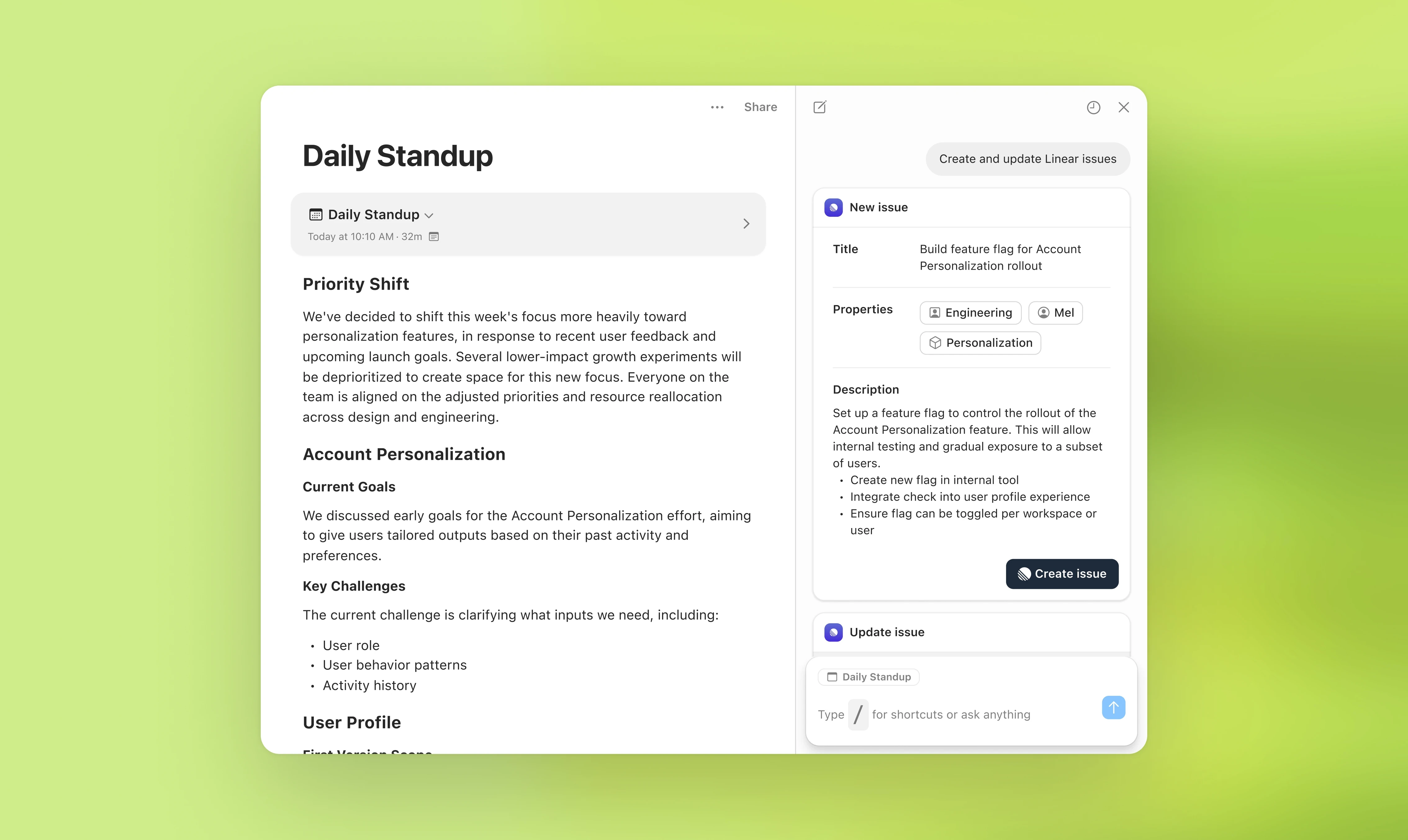 Screenshot of Supernormal showing a meeting summary titled "Daily Standup" alongside an AI agent panel that has drafted a Linear issue, "Build feature flag for Account Personalization rollout," with properties and description filled in and a "Create issue" button ready.