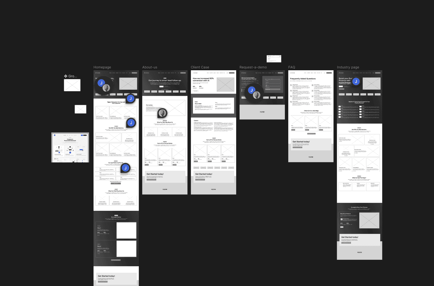 Figma board displaying grayscale wireframes for the Hypercharged website redesign. The board includes layouts for the homepage, about page, client case study page, request-a-demo page, FAQ page, and industry landing page. Each wireframe shows structured sections with placeholder images, text blocks, navigation bars, testimonials, feature cards, and CTAs. The designs follow a consistent grid, with simplified boxes indicating content, headings, and UI components across multiple screens.