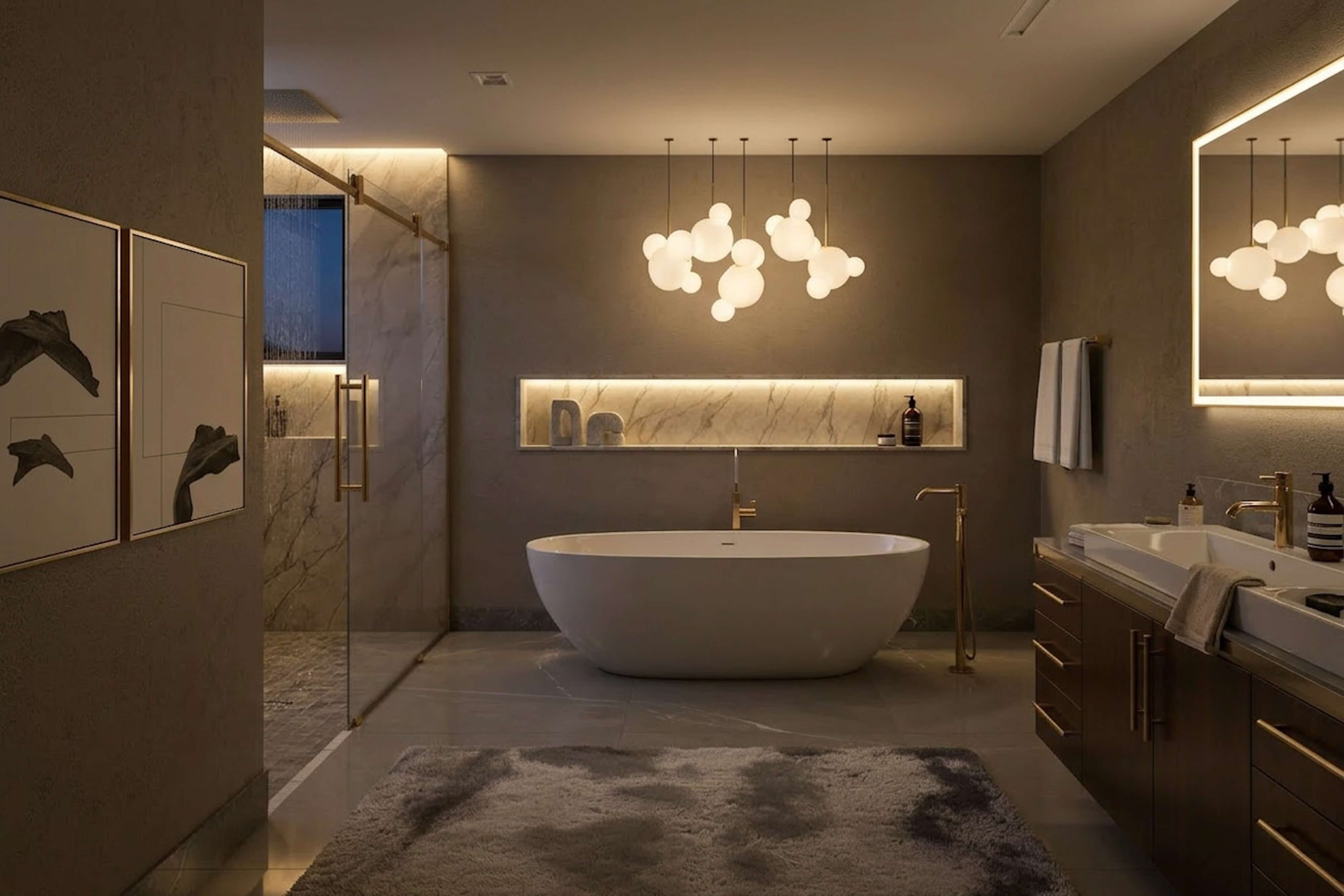 Moody contemporary bathroom with freestanding soaking tub, glass shower, double vanity, and warm integrated lighting.