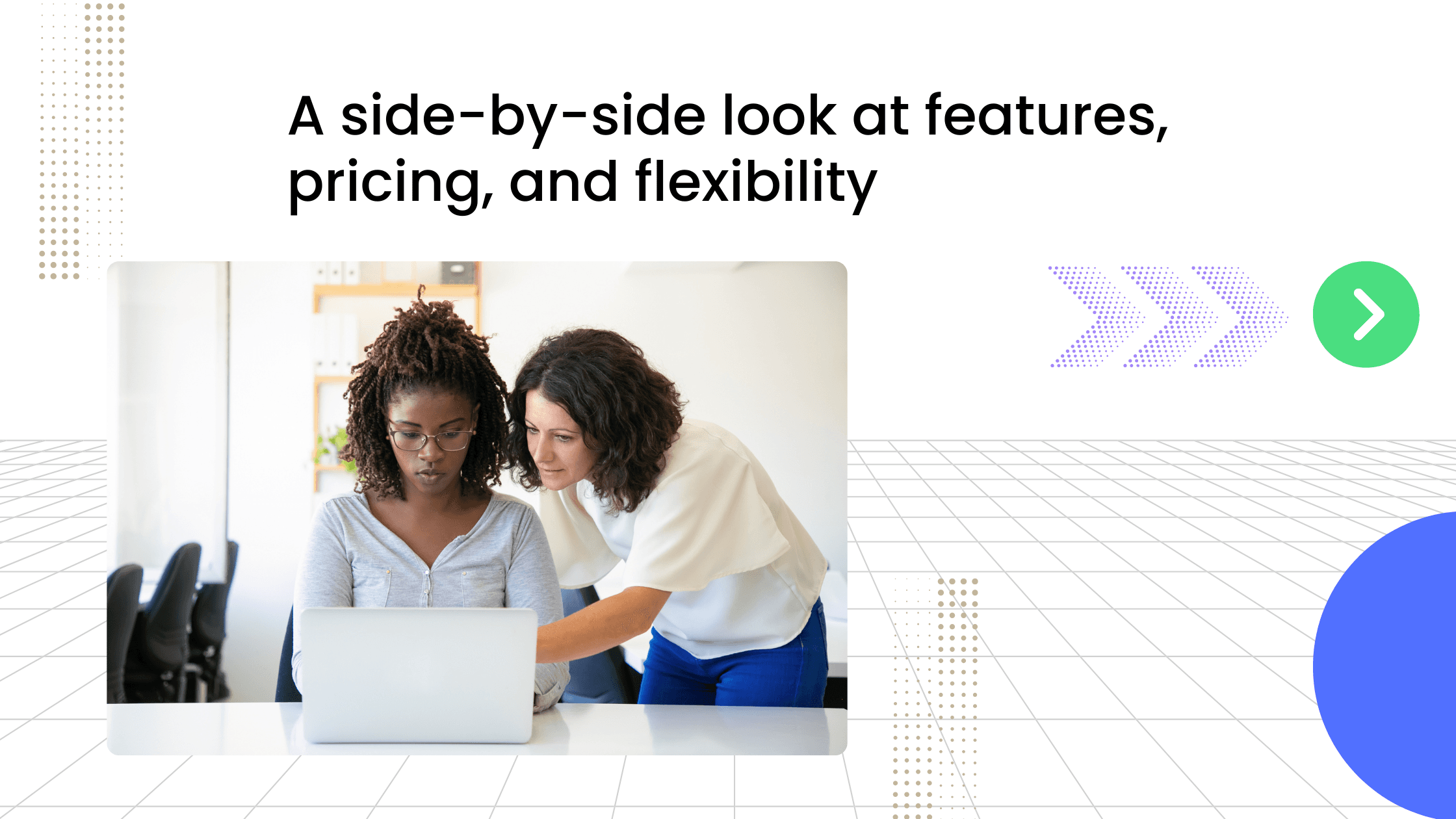 Two women reviewing a laptop together in a creative about coaching platform features, pricing, and flexibility.