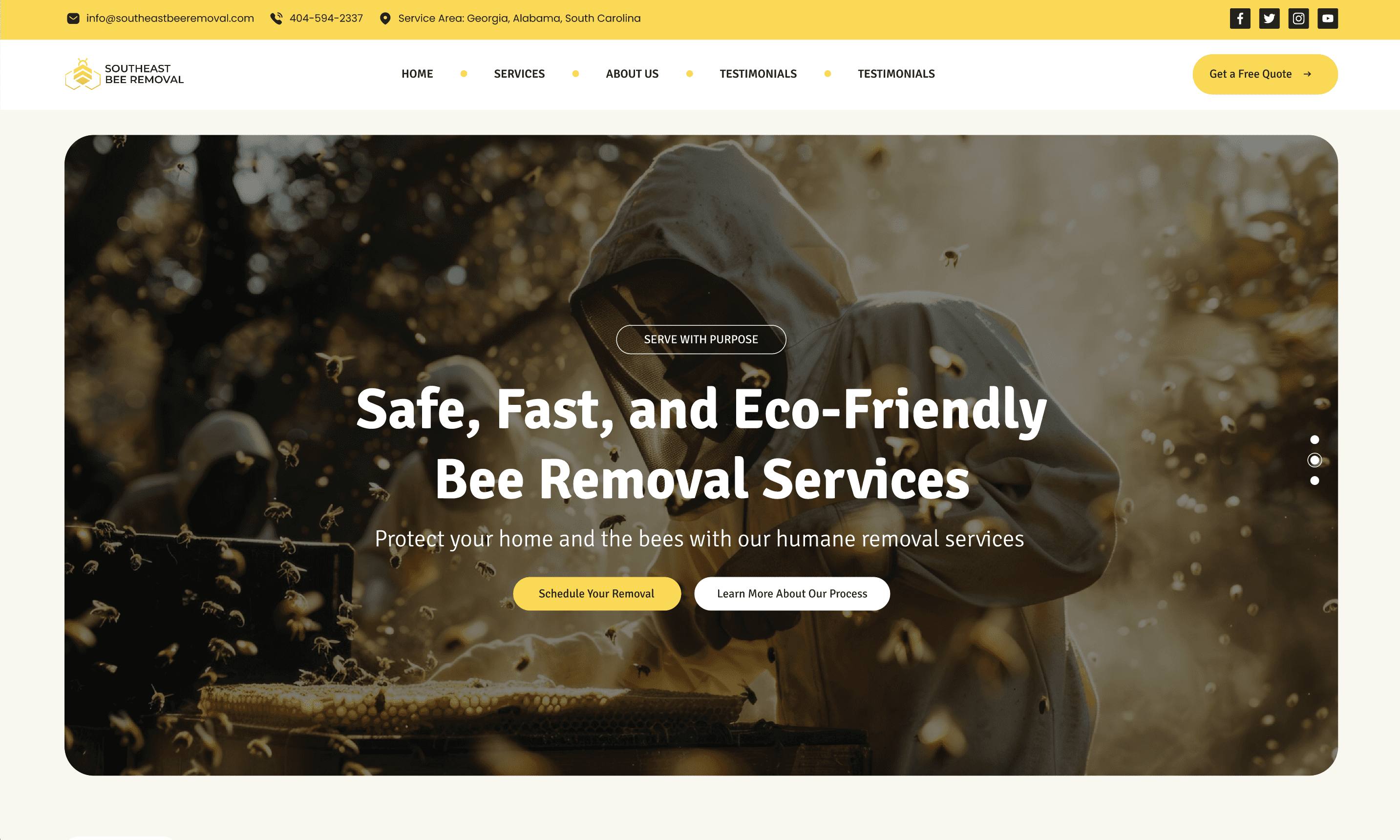 Homepage featuring a safety and service theme with a call-to-action button and background image.