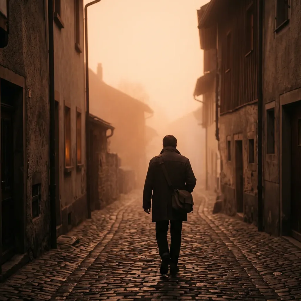 EP cover: a lone figure walking down a foggy cobbled lane